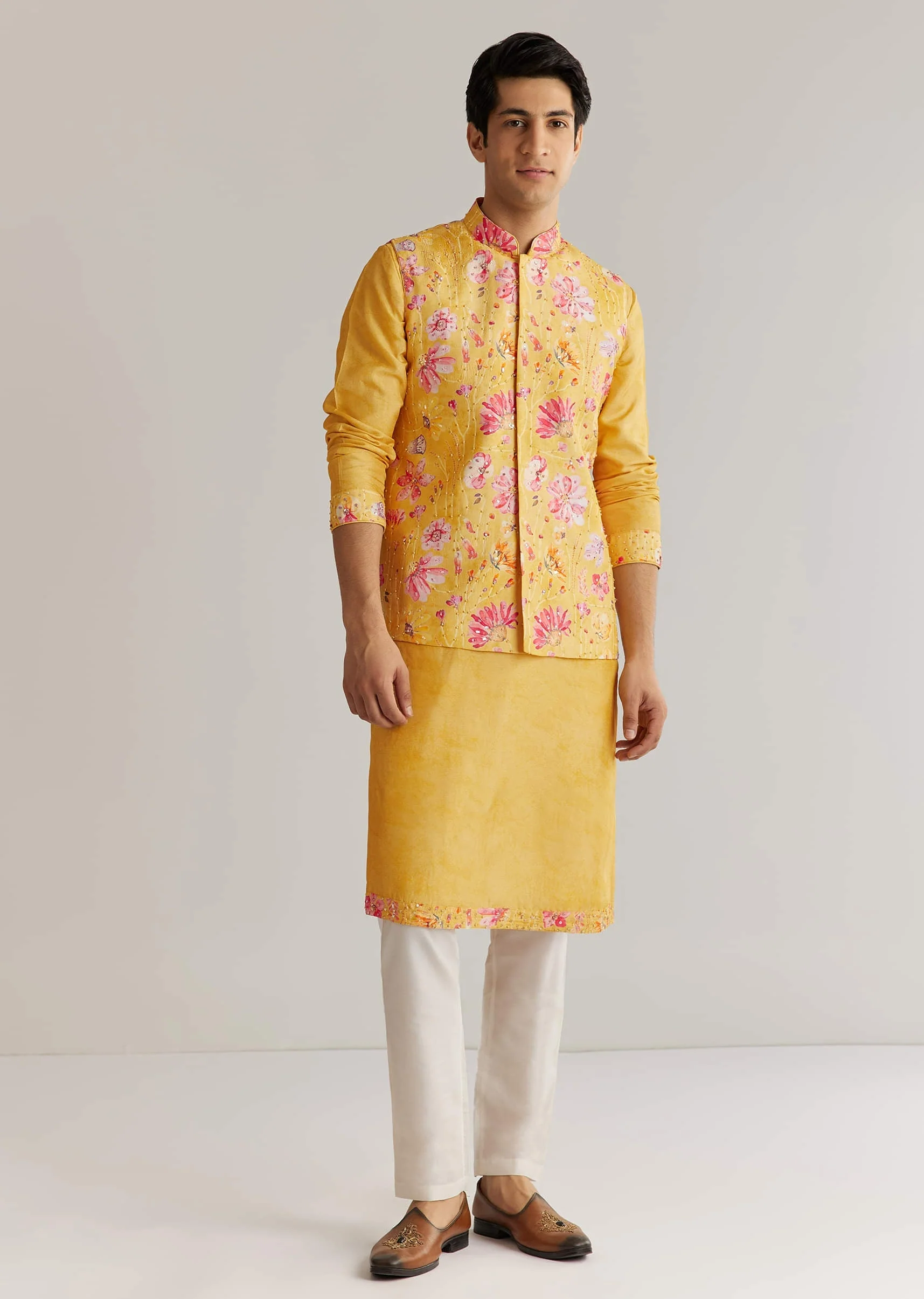 Yellow Silk Stone Sequins Cutdana Kurta Jacket Set - Image 4