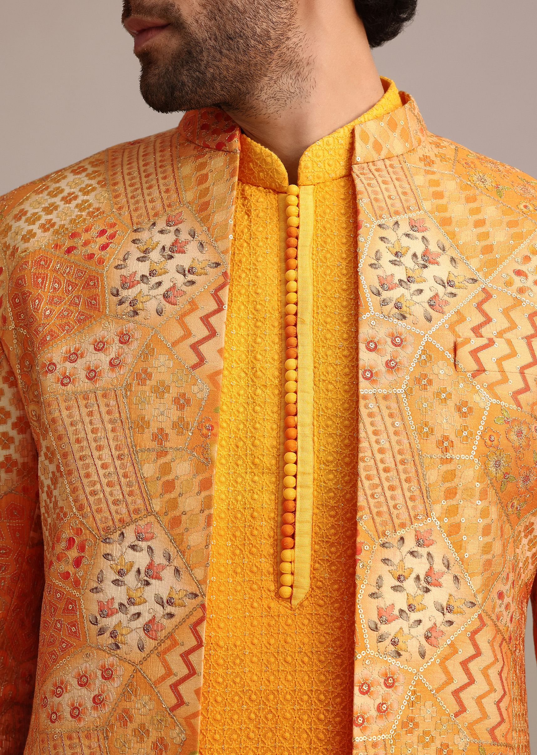 Yellow Silk Thread Resham Work Jodhpuri Kurta Set - Image 2