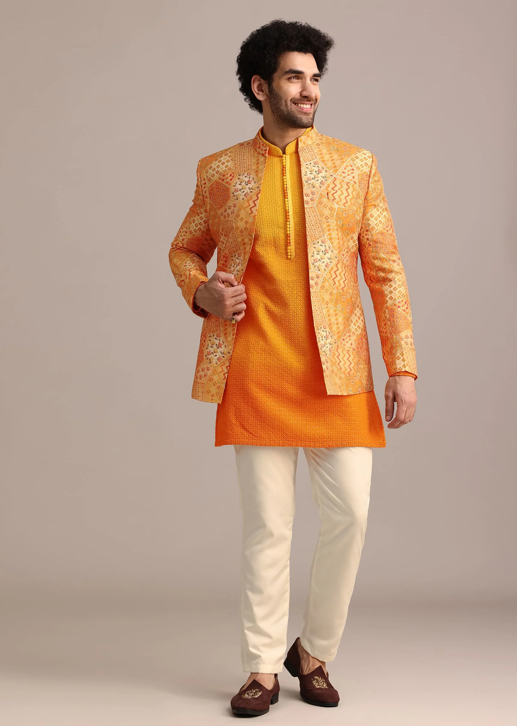 Yellow Silk Thread Resham Work Jodhpuri Kurta Set - Image 3