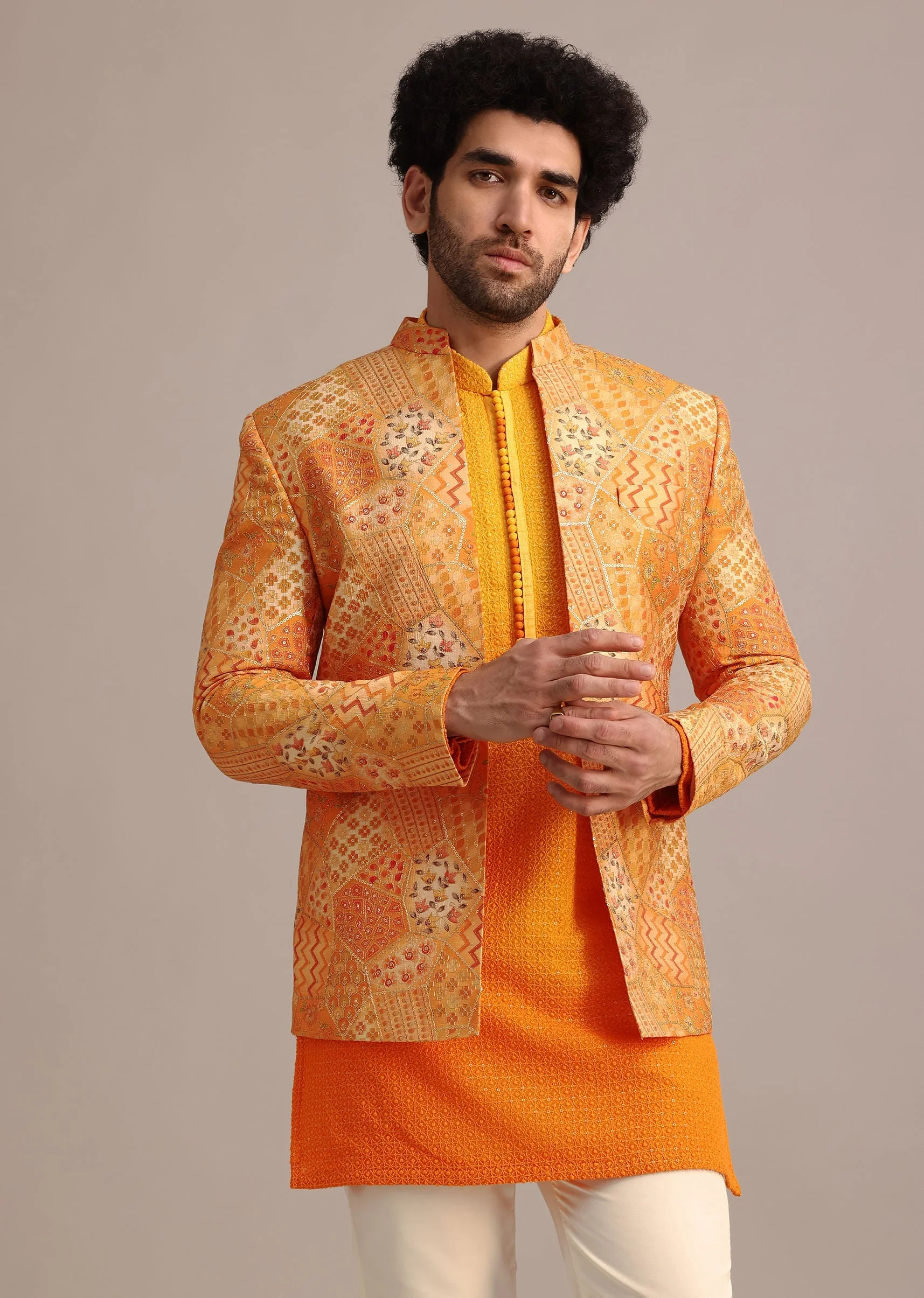 Yellow Silk Thread Resham Work Jodhpuri Kurta Set - Image 4