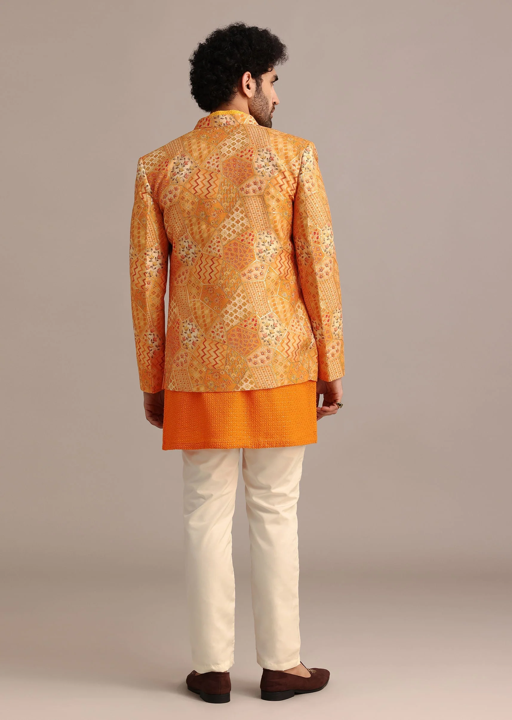 Yellow Silk Thread Resham Work Jodhpuri Kurta Set - Image 5