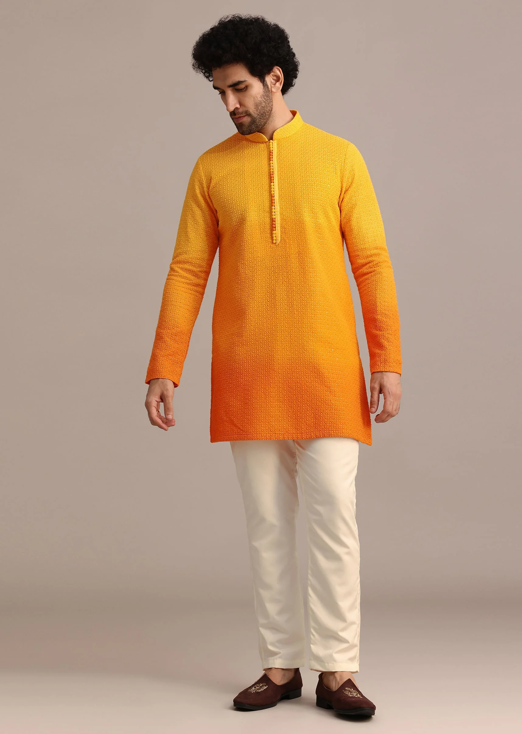 Yellow Silk Thread Resham Work Jodhpuri Kurta Set - Image 6