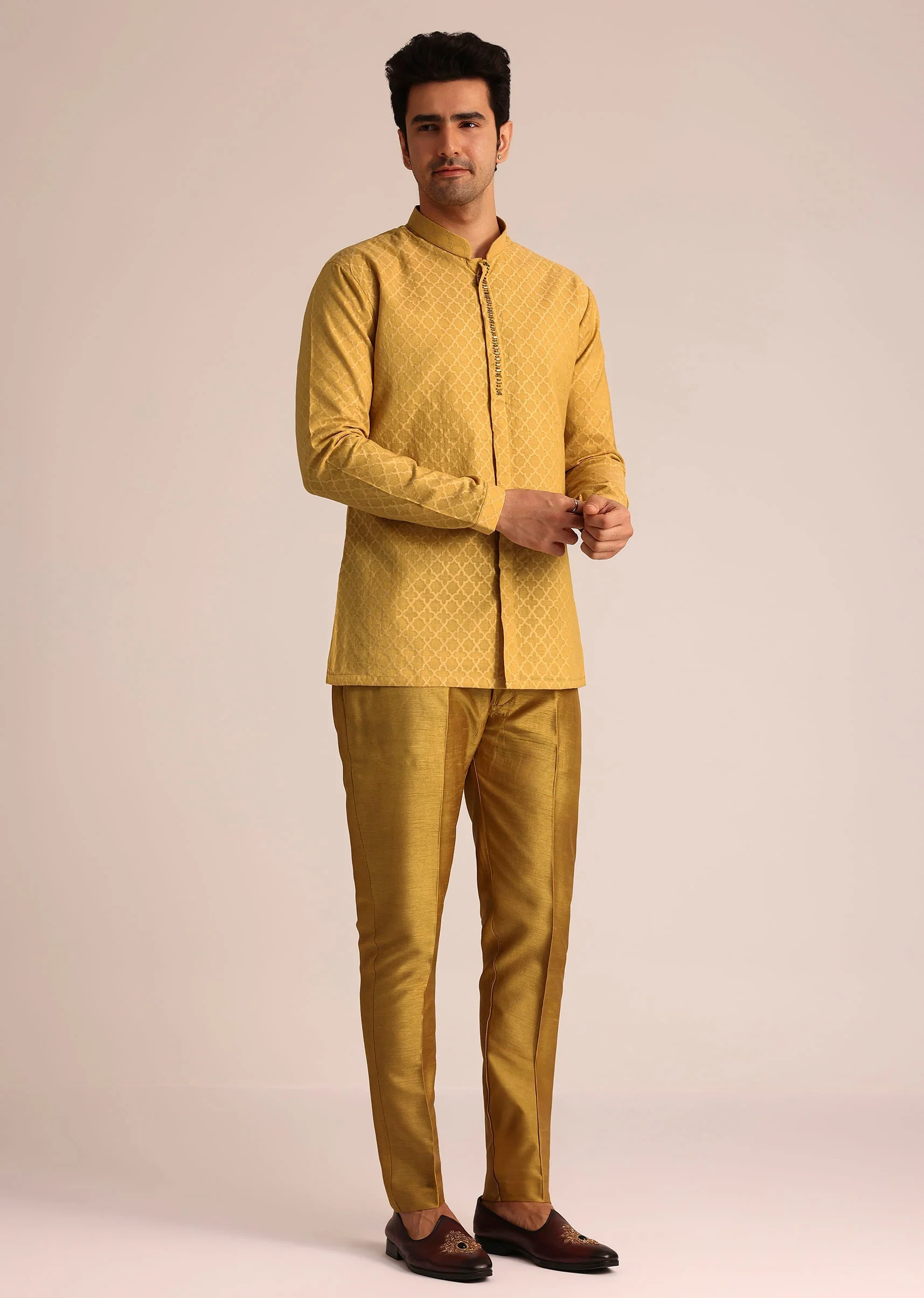 Yellow Silk Zardosi Indowestern Set - Image 6