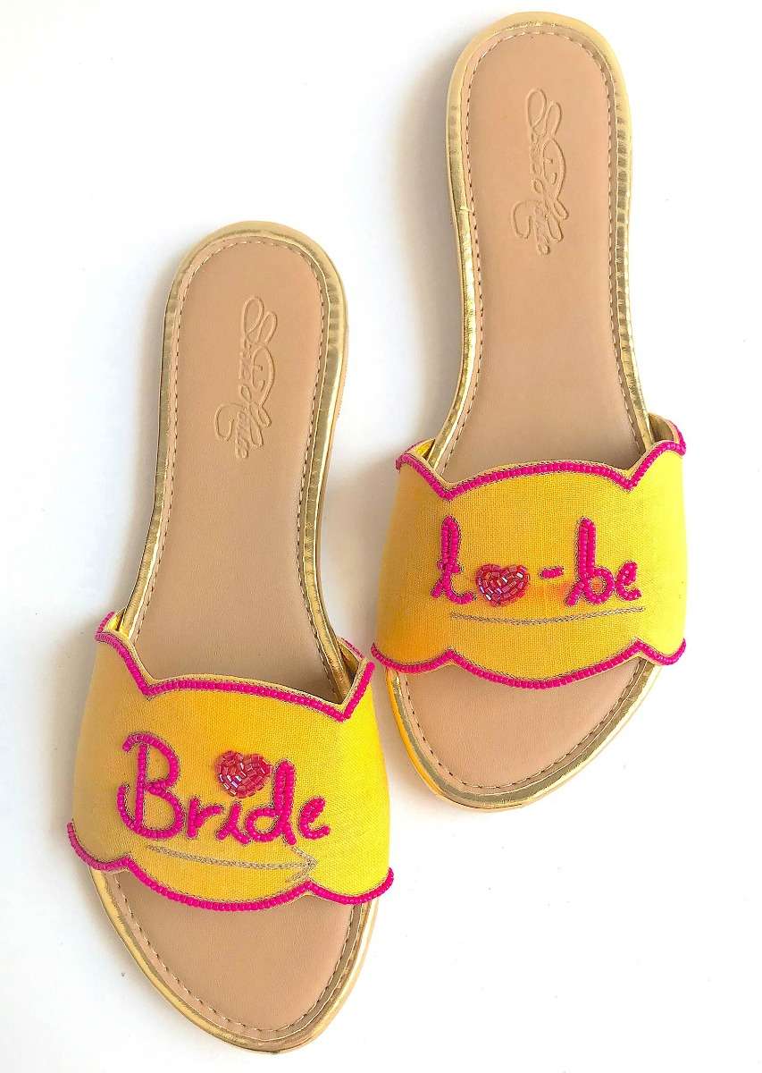 Yellow Slider Flats With Fuchsia Pink Colored Bride To Be Text And Scalloped Edge Online By Sole House - Image 5