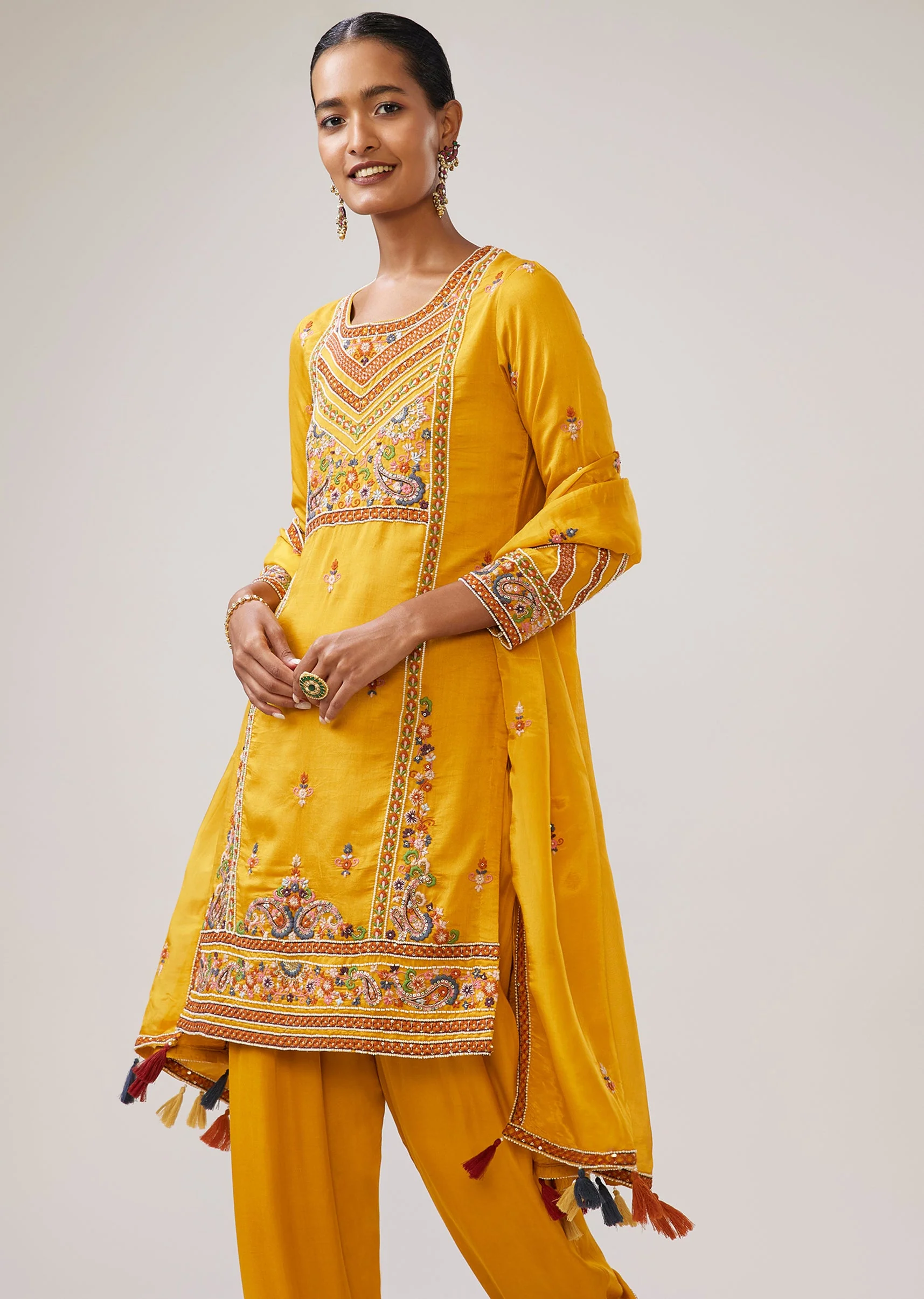 Yellow Thread And Moti Work Kurti Pant Set With Dupatta - Image 4