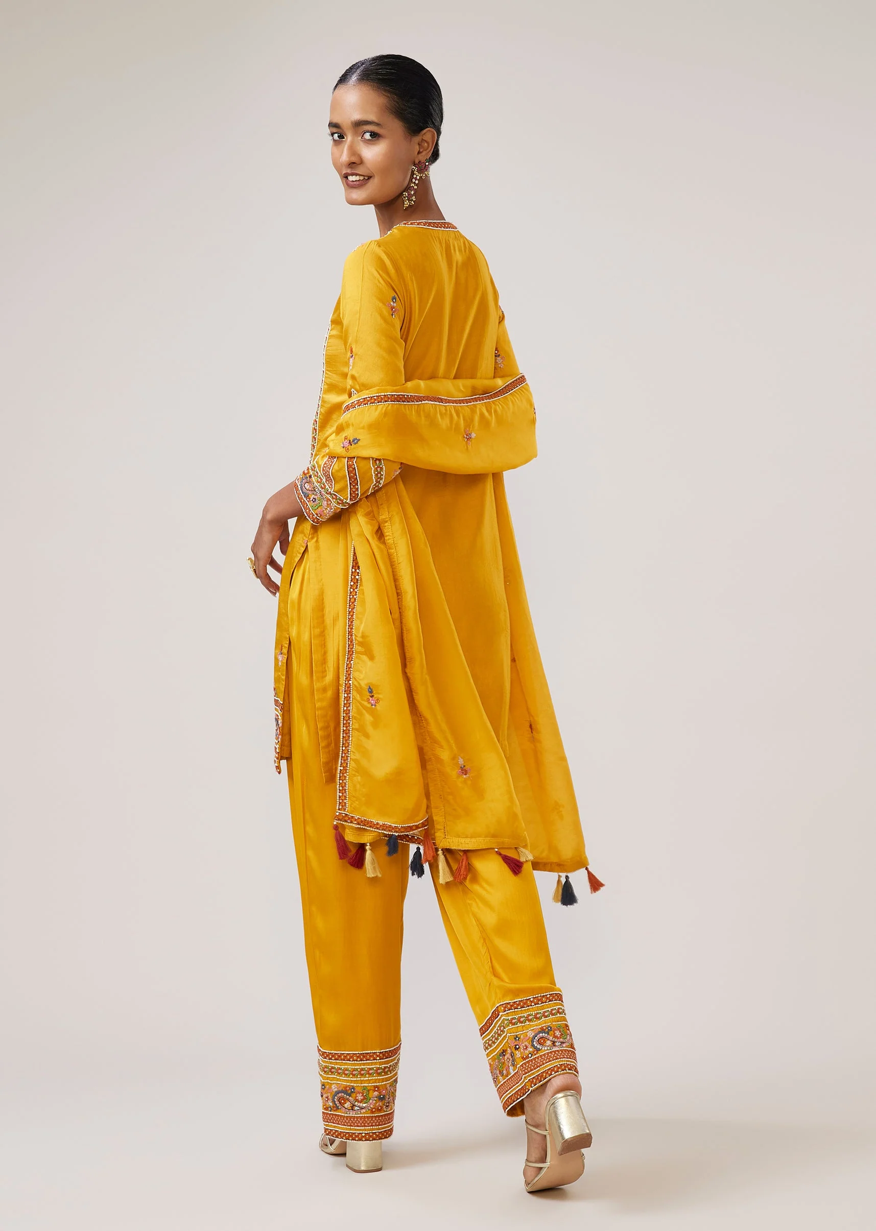 Yellow Thread And Moti Work Kurti Pant Set With Dupatta - Image 5