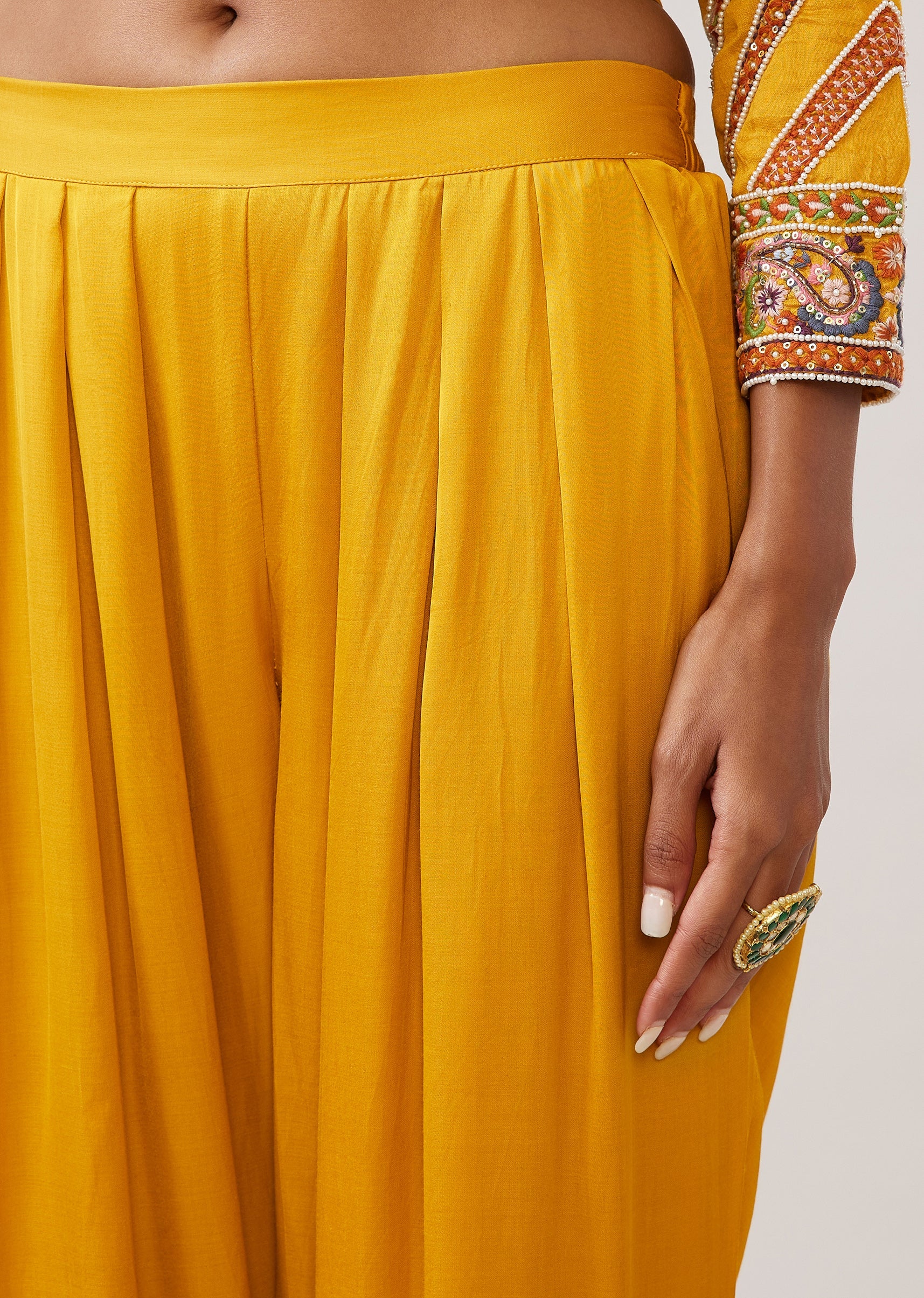 Yellow Thread And Moti Work Kurti Pant Set With Dupatta - Image 7