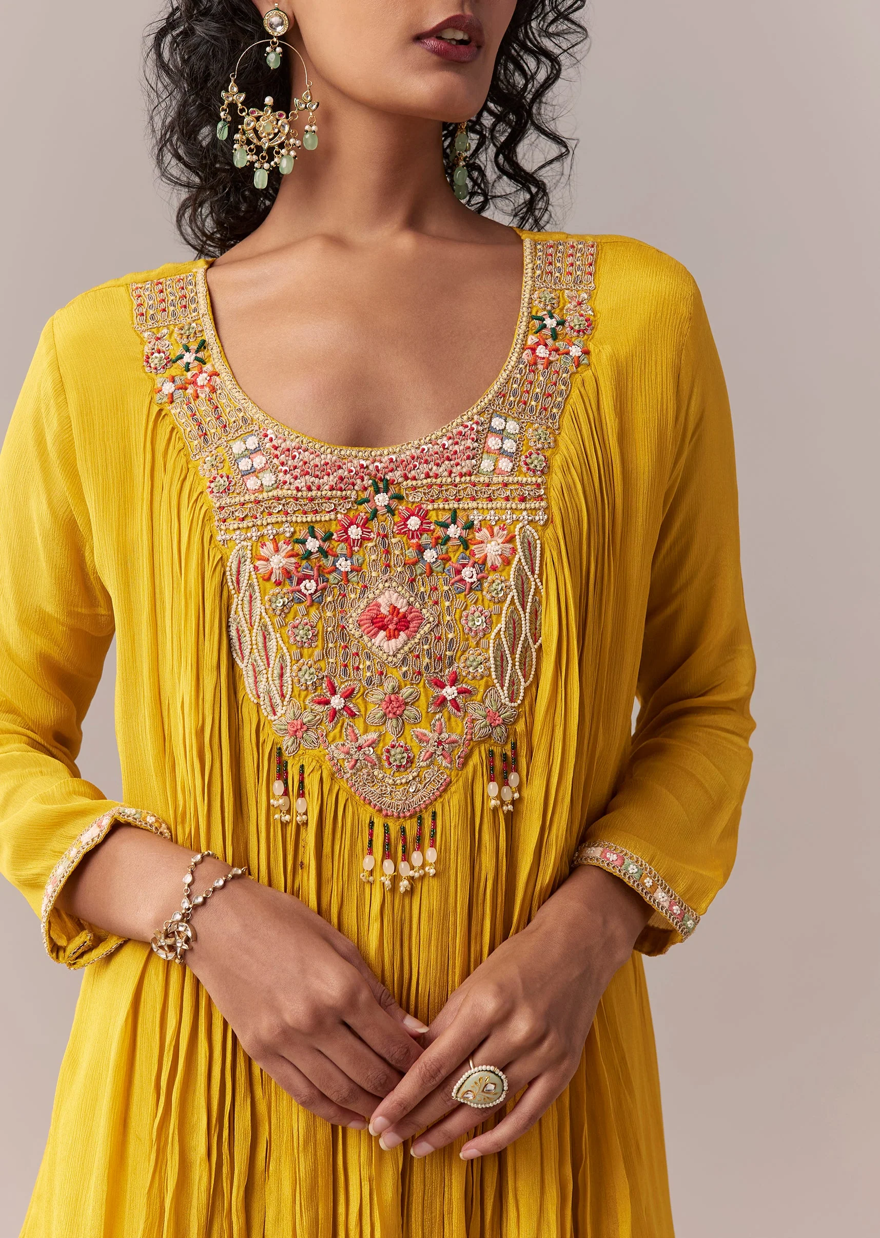 Yellow Thread & Moti Cape-Style Sharara Set - Image 2