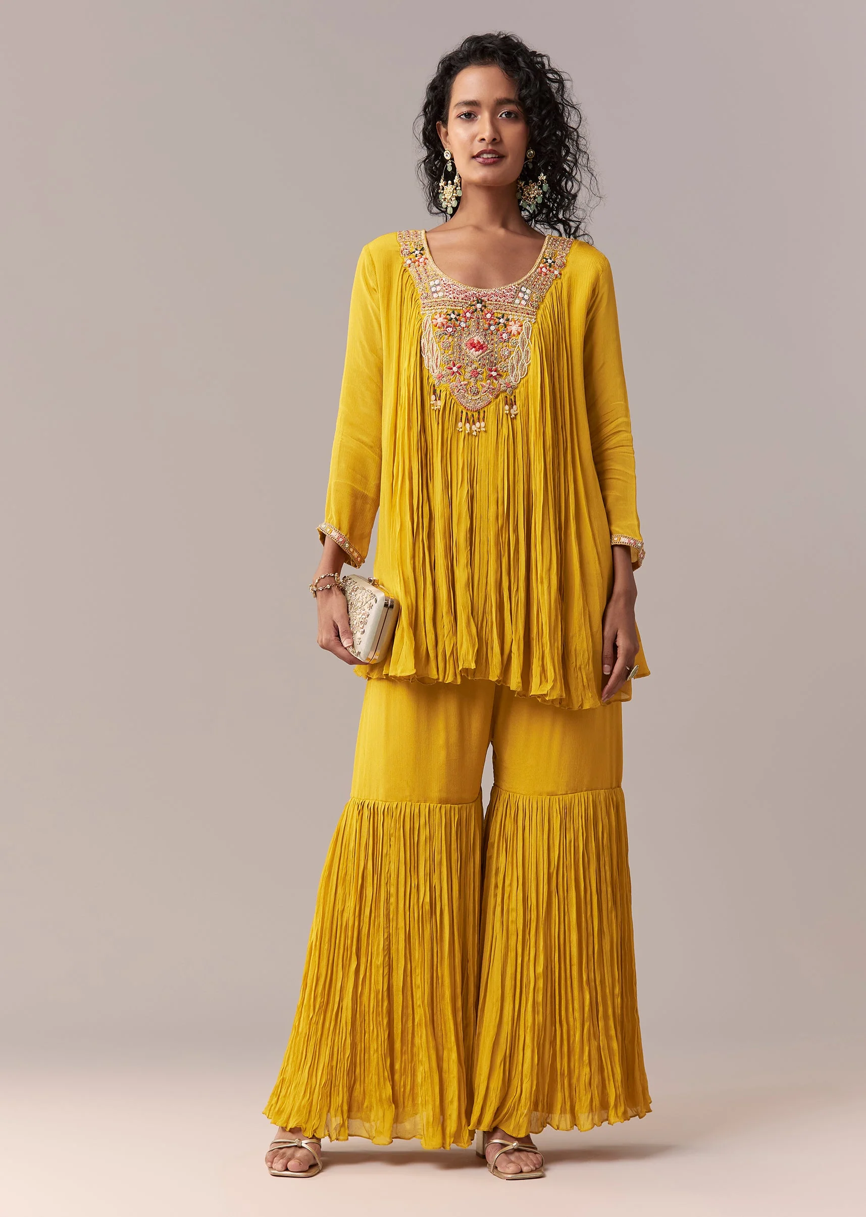 Yellow Thread & Moti Cape-Style Sharara Set - Image 3