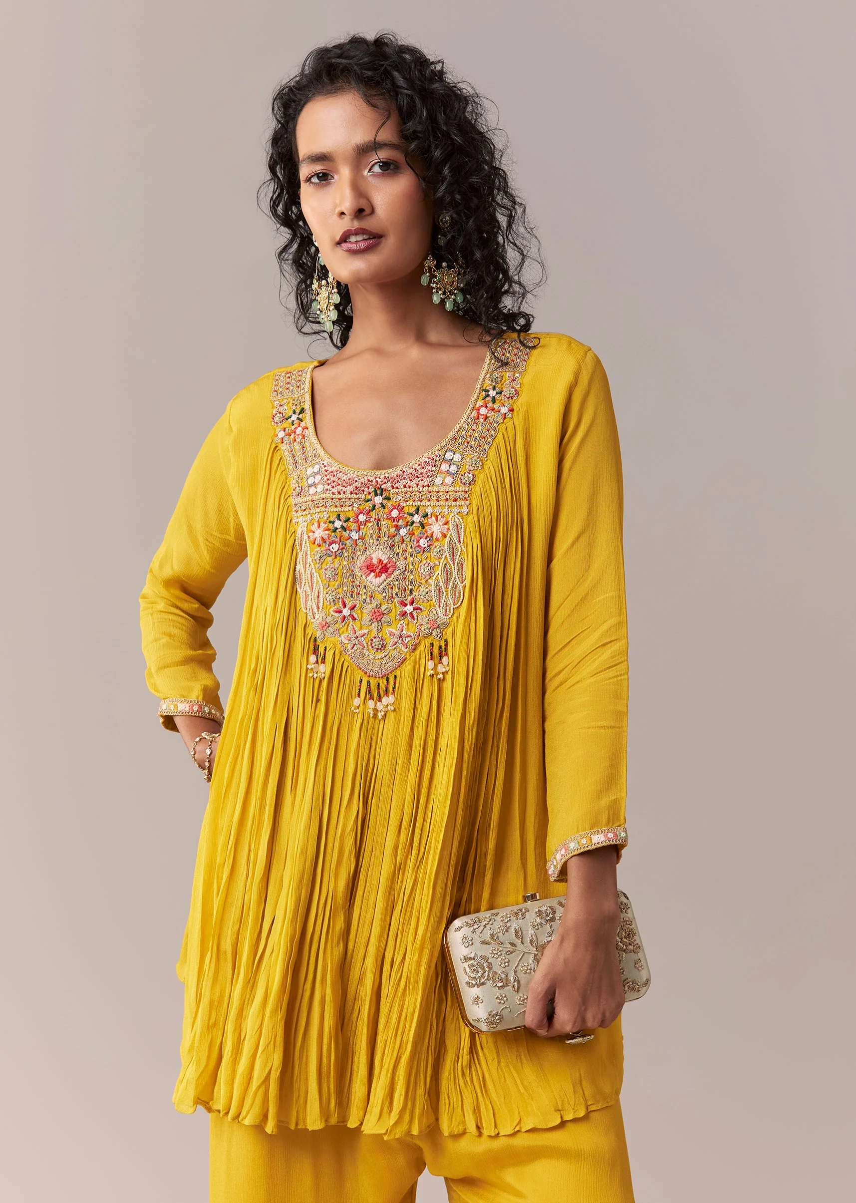 Yellow Thread & Moti Cape-Style Sharara Set - Image 4