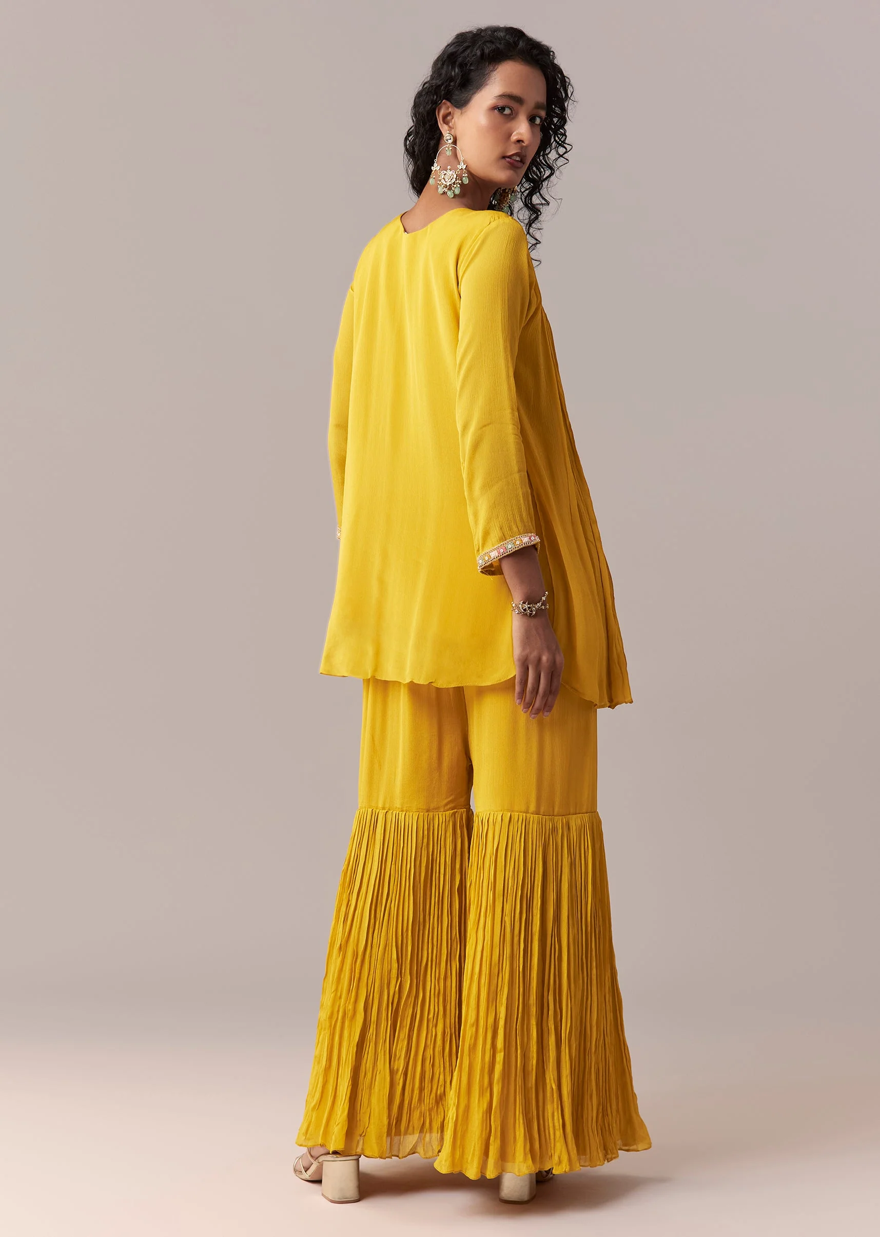 Yellow Thread & Moti Cape-Style Sharara Set - Image 5