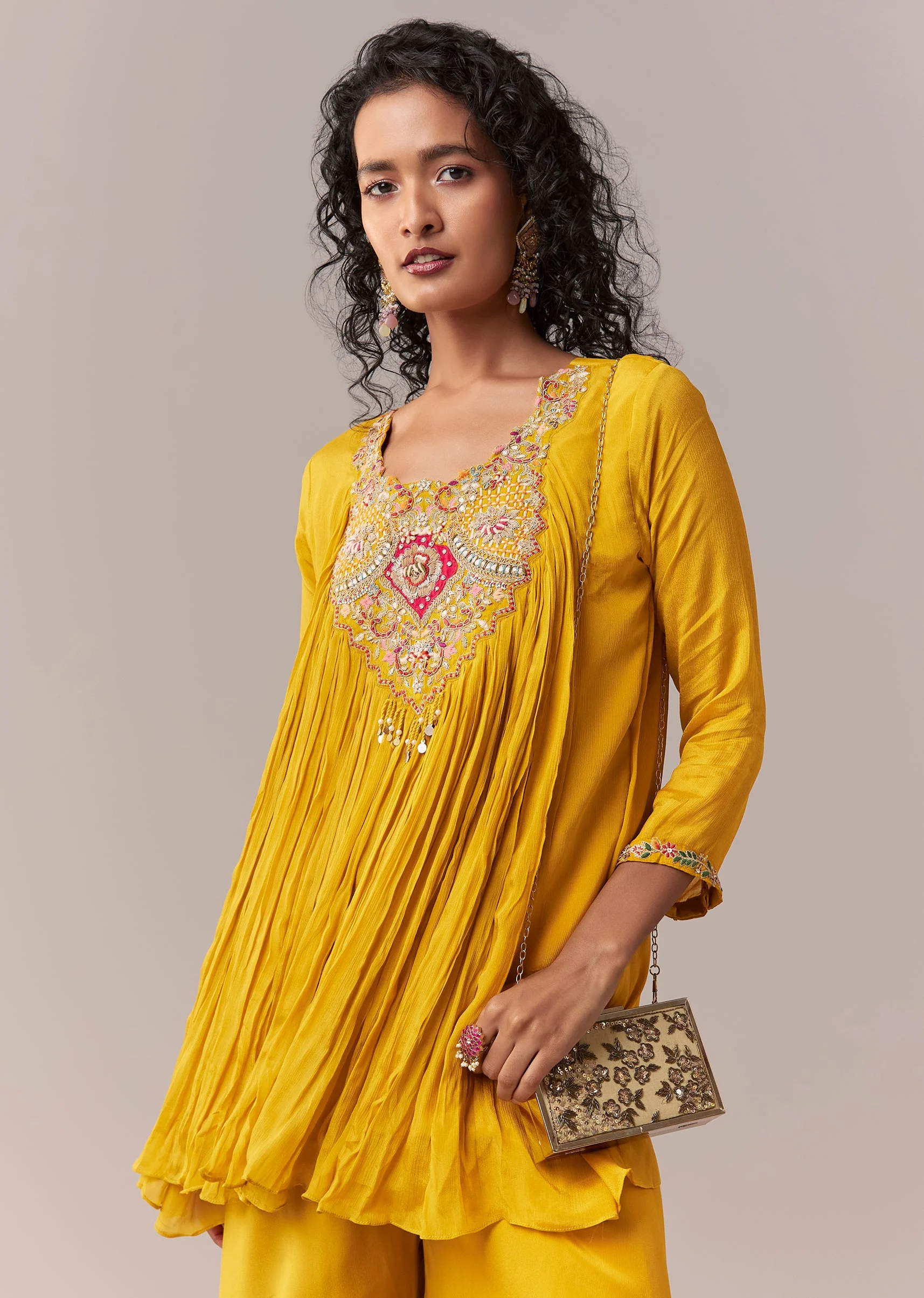 Yellow Thread & Zardosi Palazzo Suit Set - Image 4