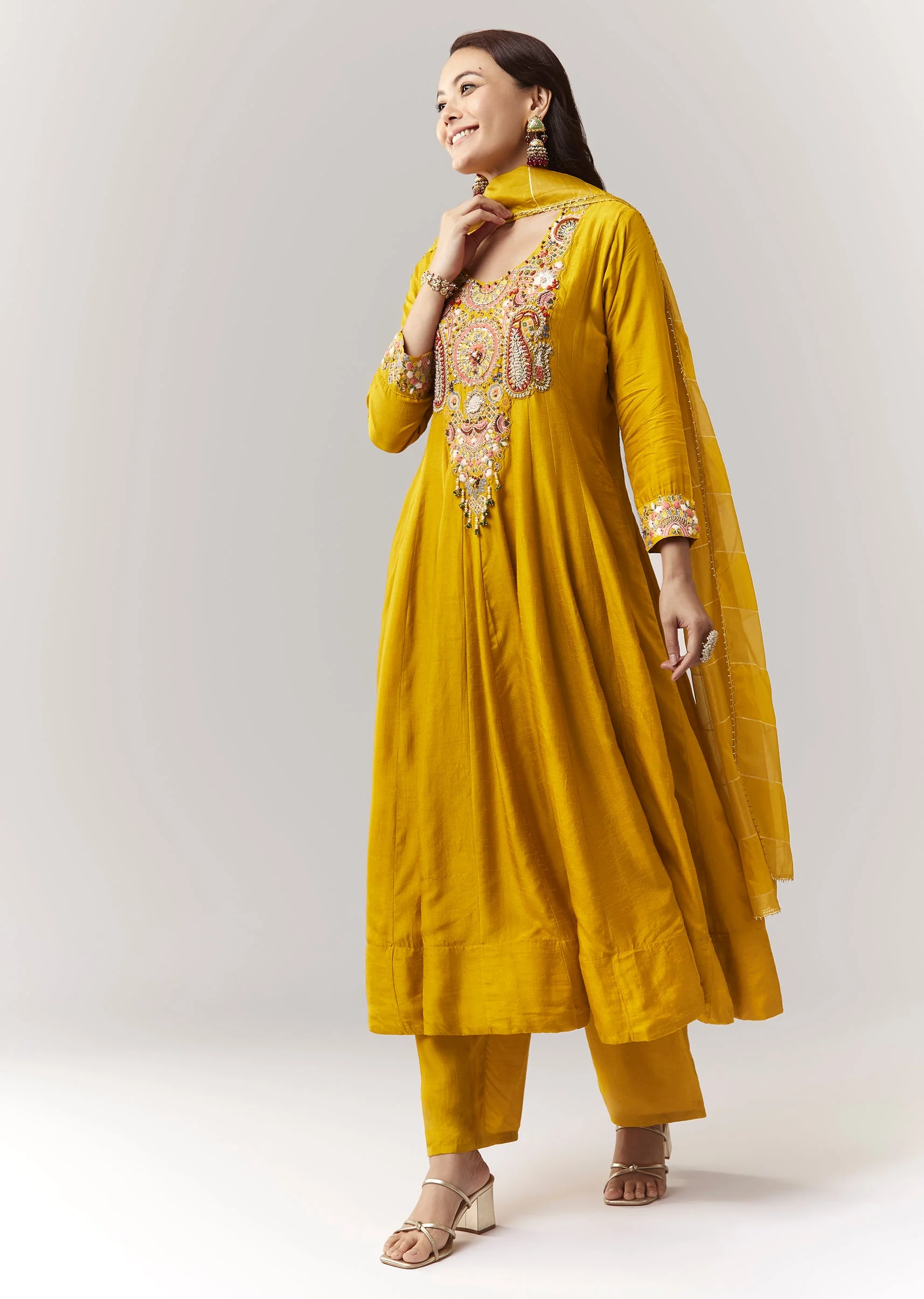 Yellow Threadwork Anarkali Pant Set With Dupatta - Image 3