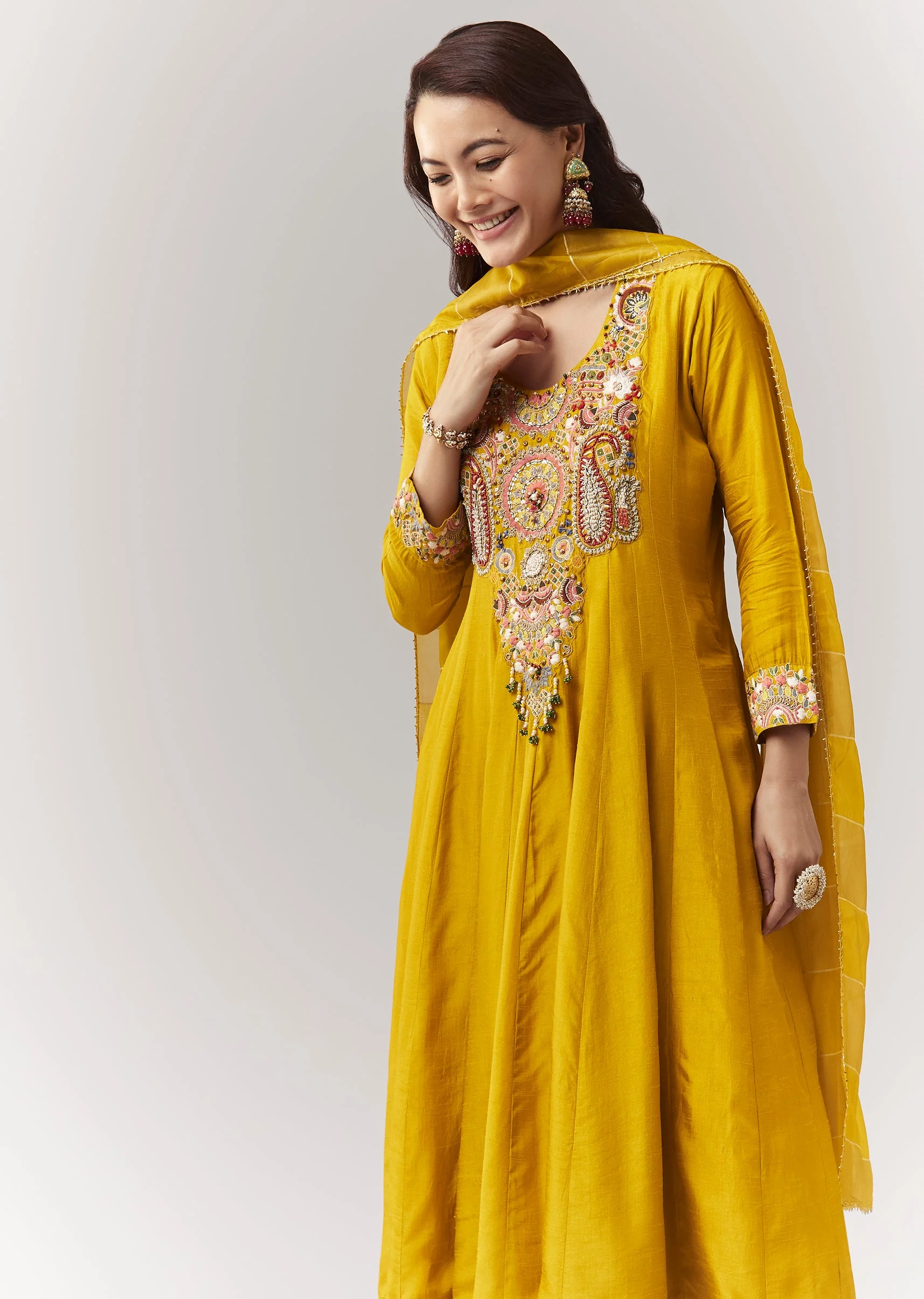 Yellow Threadwork Anarkali Pant Set With Dupatta - Image 4