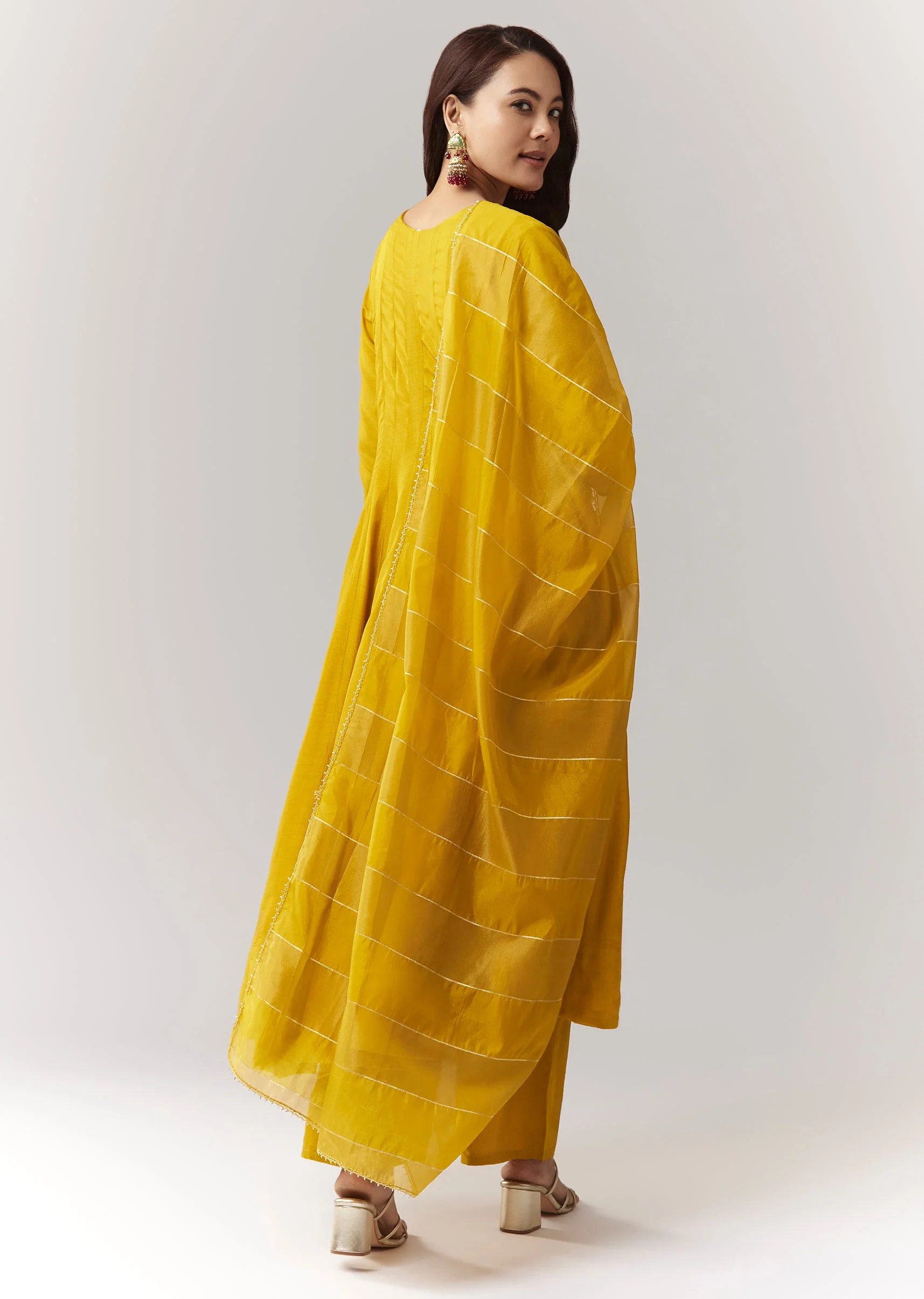 Yellow Threadwork Anarkali Pant Set With Dupatta - Image 5
