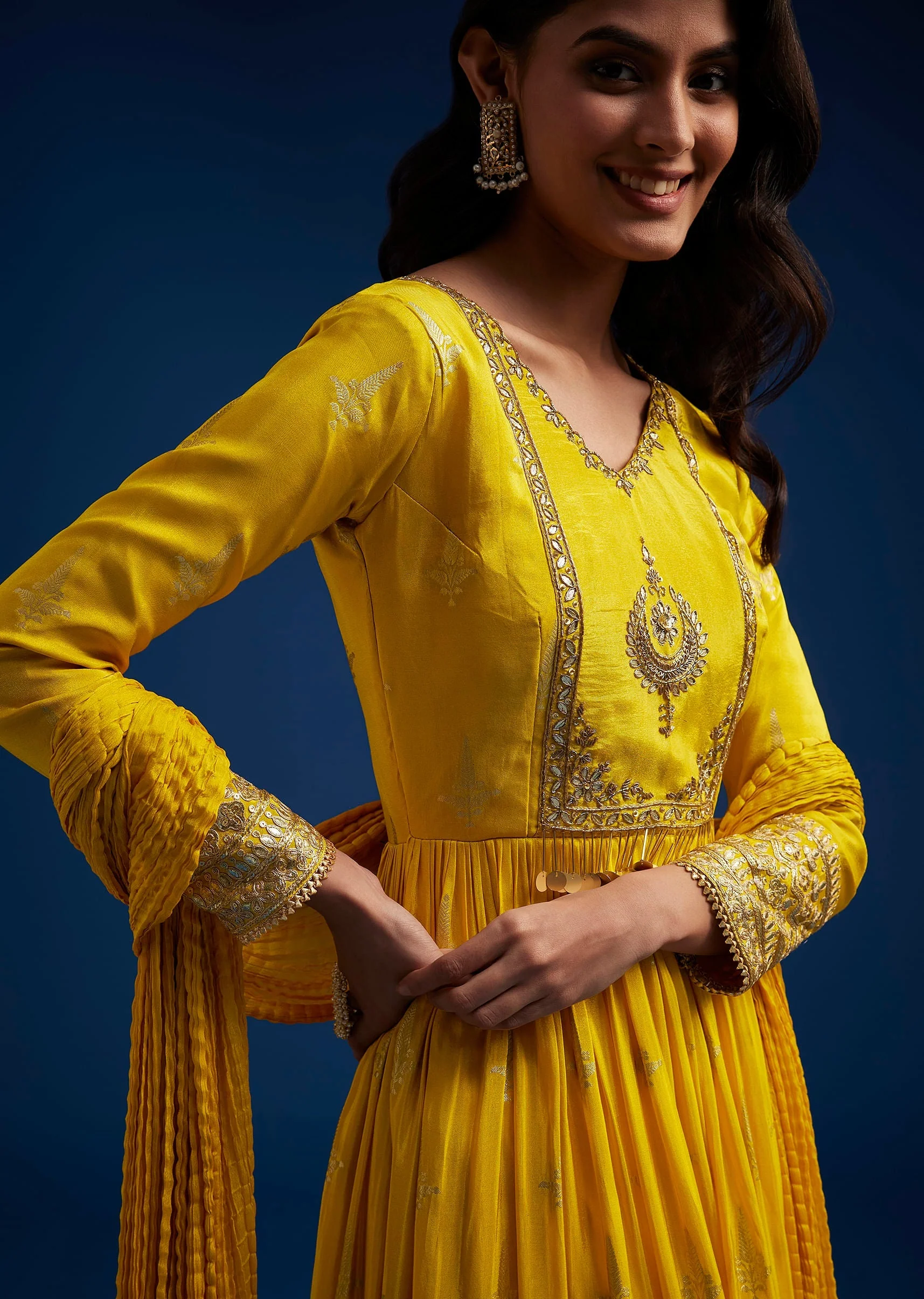 Yellow Tissue Anarkali Set With Gotta Work - Image 2