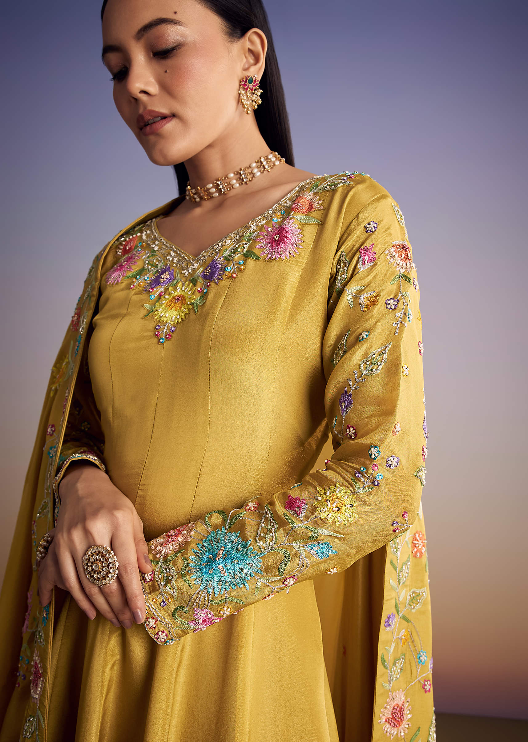 Yellow Tissue Anarkali Set With Resham And Moti Work - Image 2