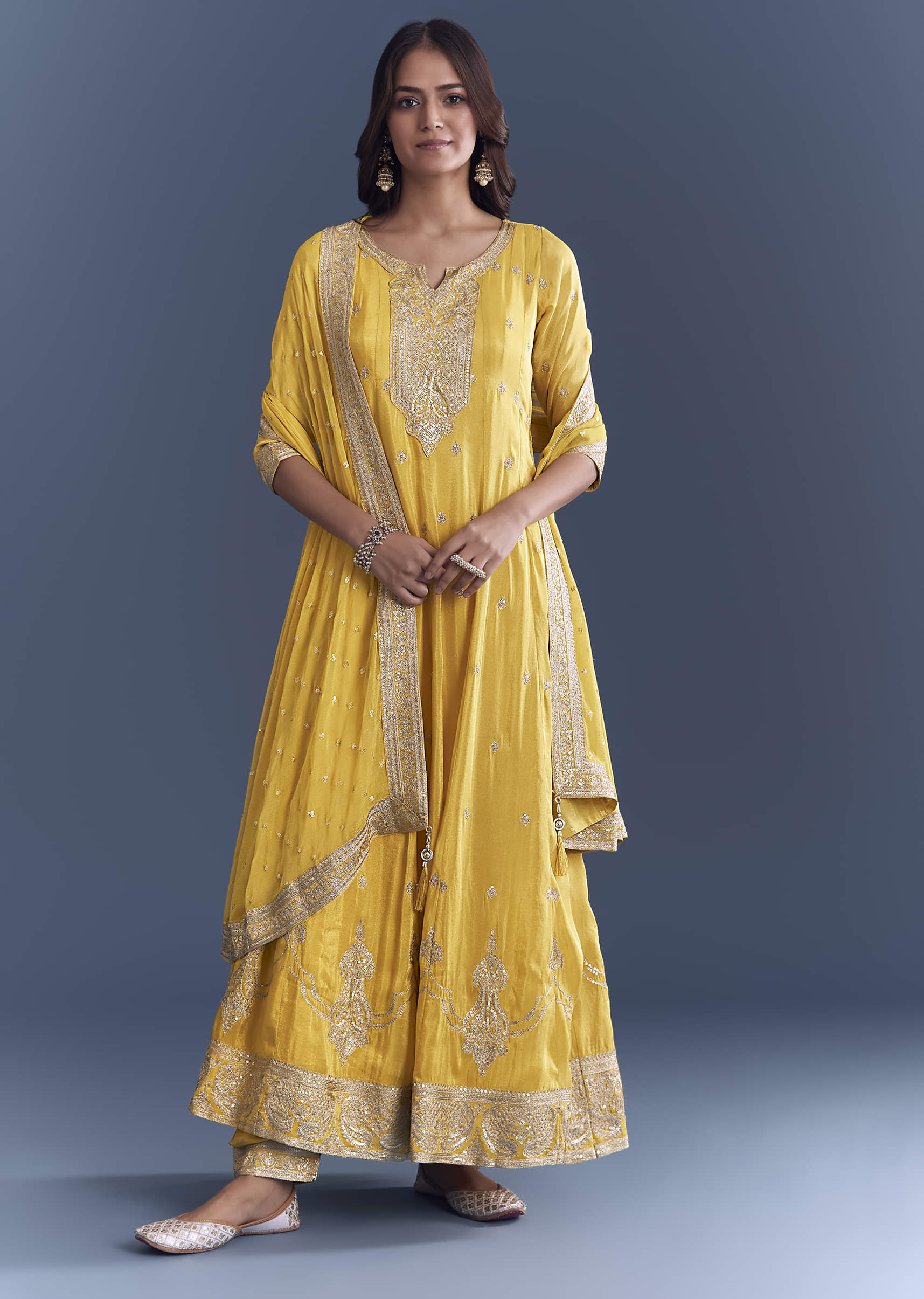 Yellow Tissue Anarkali Suit With Sequins And Zari Work - Image 3