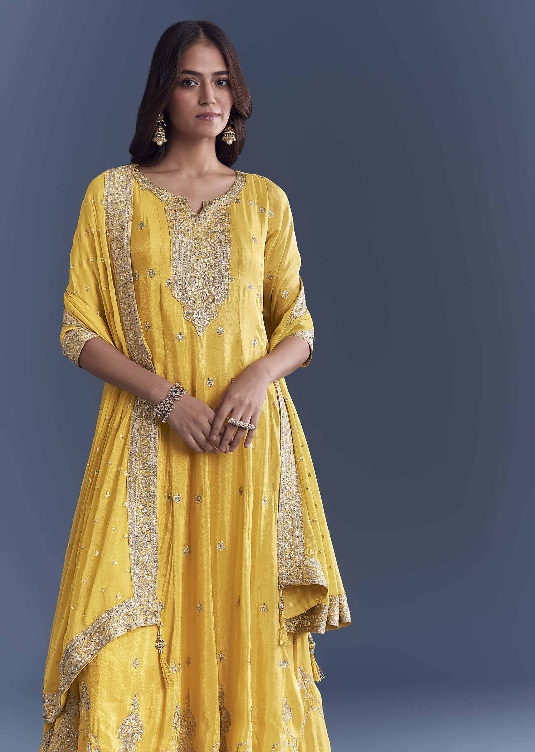 Yellow Tissue Anarkali Suit With Sequins And Zari Work - Image 4