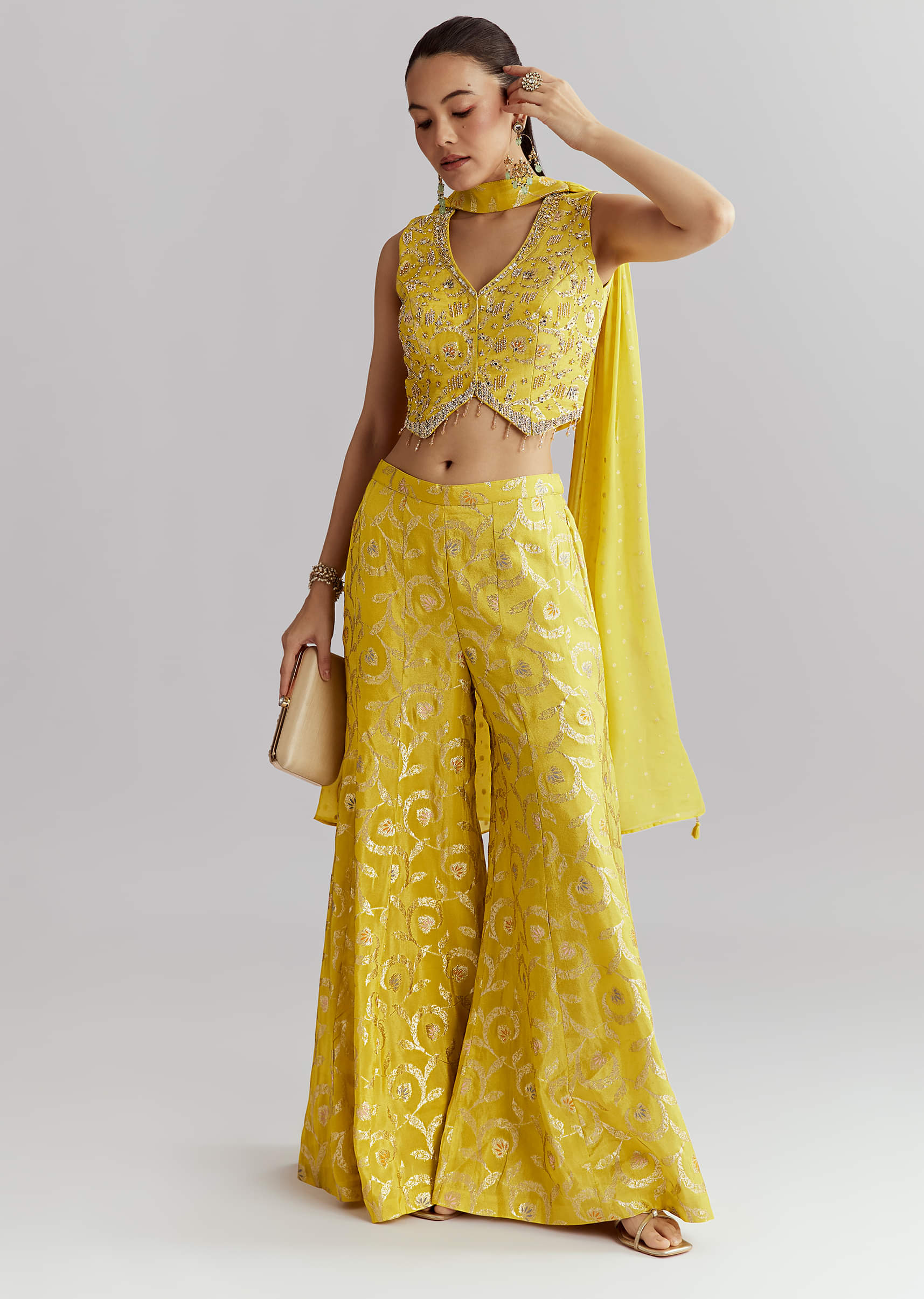Yellow Tissue Crop Top And Palazzo Pant Set With Embroidery - Image 3