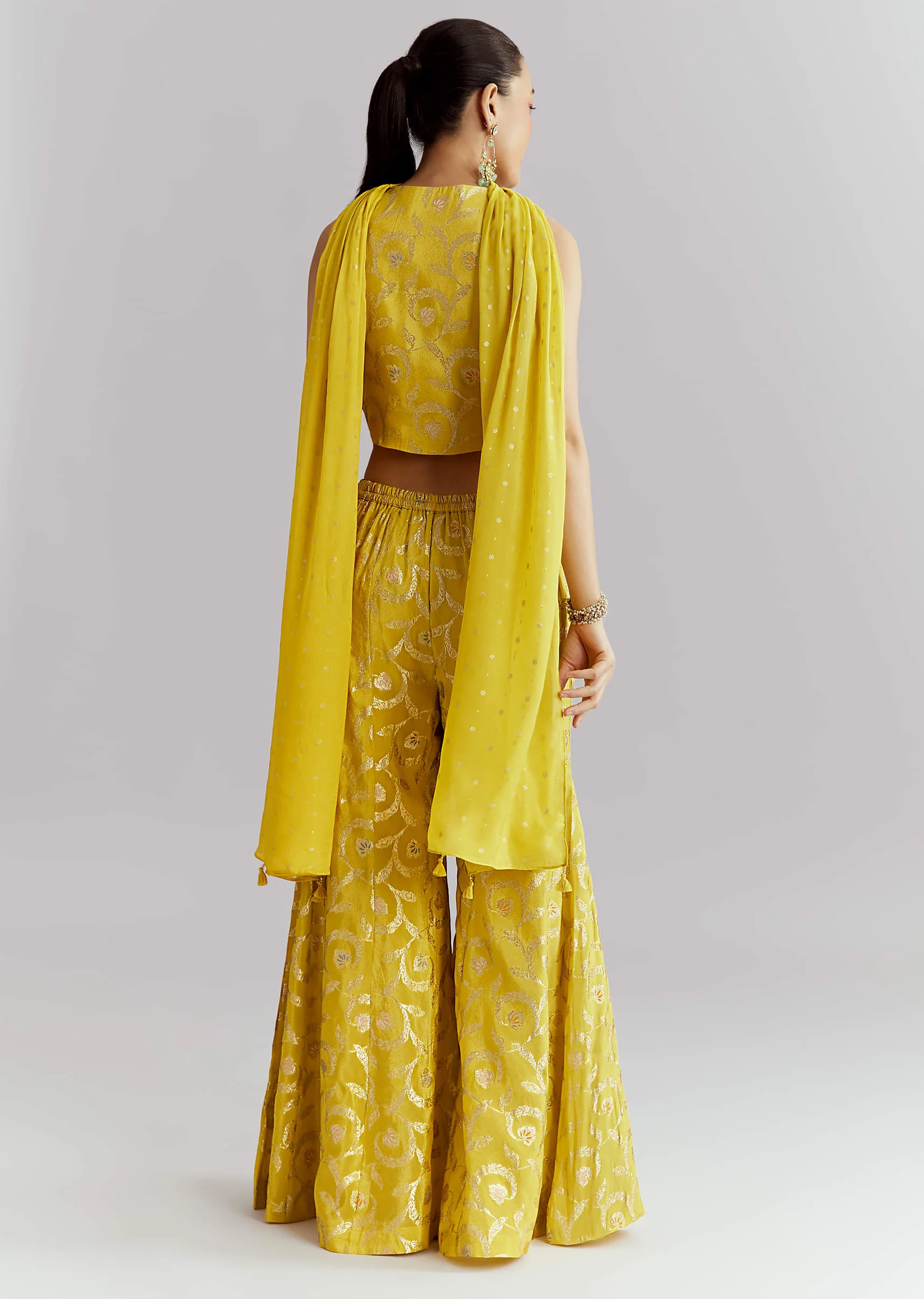 Yellow Tissue Crop Top And Palazzo Pant Set With Embroidery - Image 5