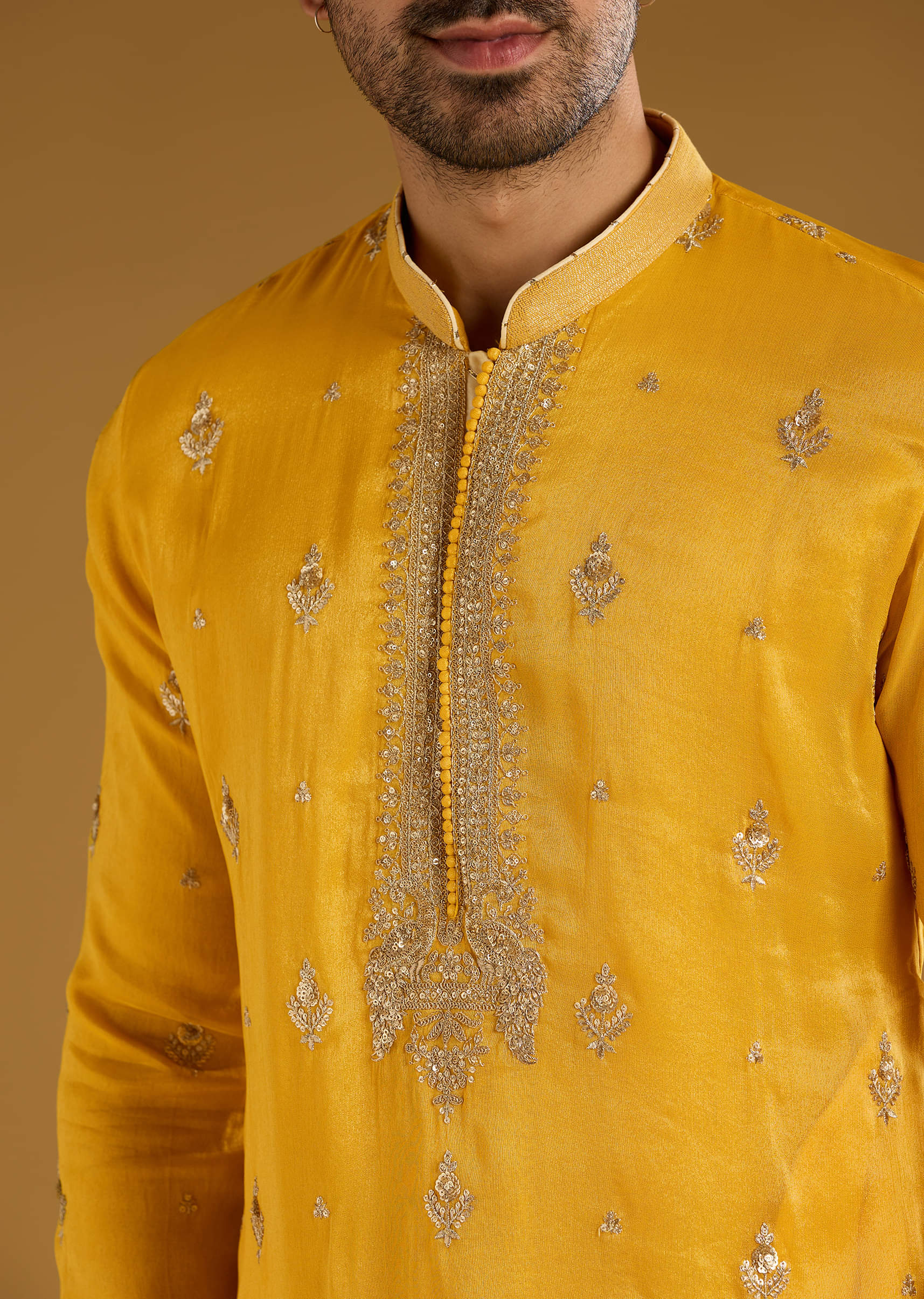 Yellow Tissue Kurta Set For Men With Zari And Sequins Work - Image 2