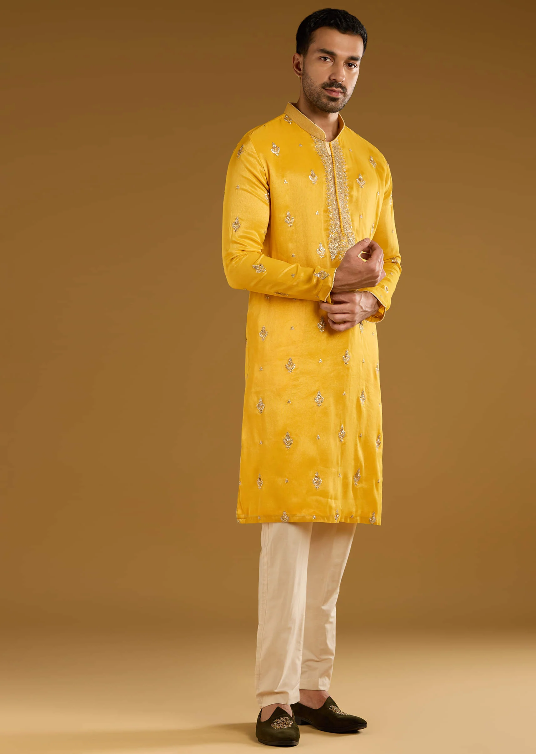 Yellow Tissue Kurta Set For Men With Zari And Sequins Work - Image 3