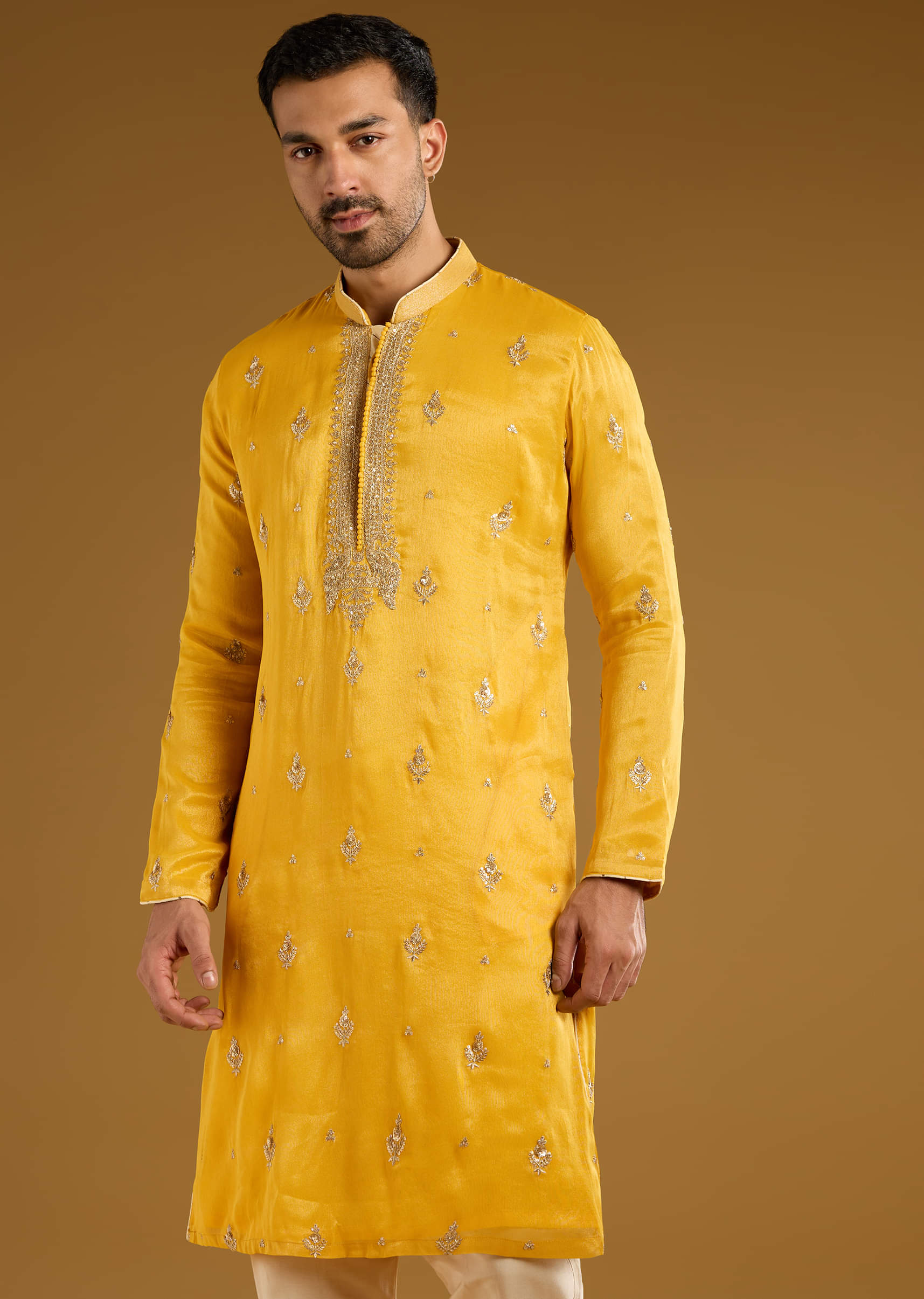 Yellow Tissue Kurta Set For Men With Zari And Sequins Work - Image 4