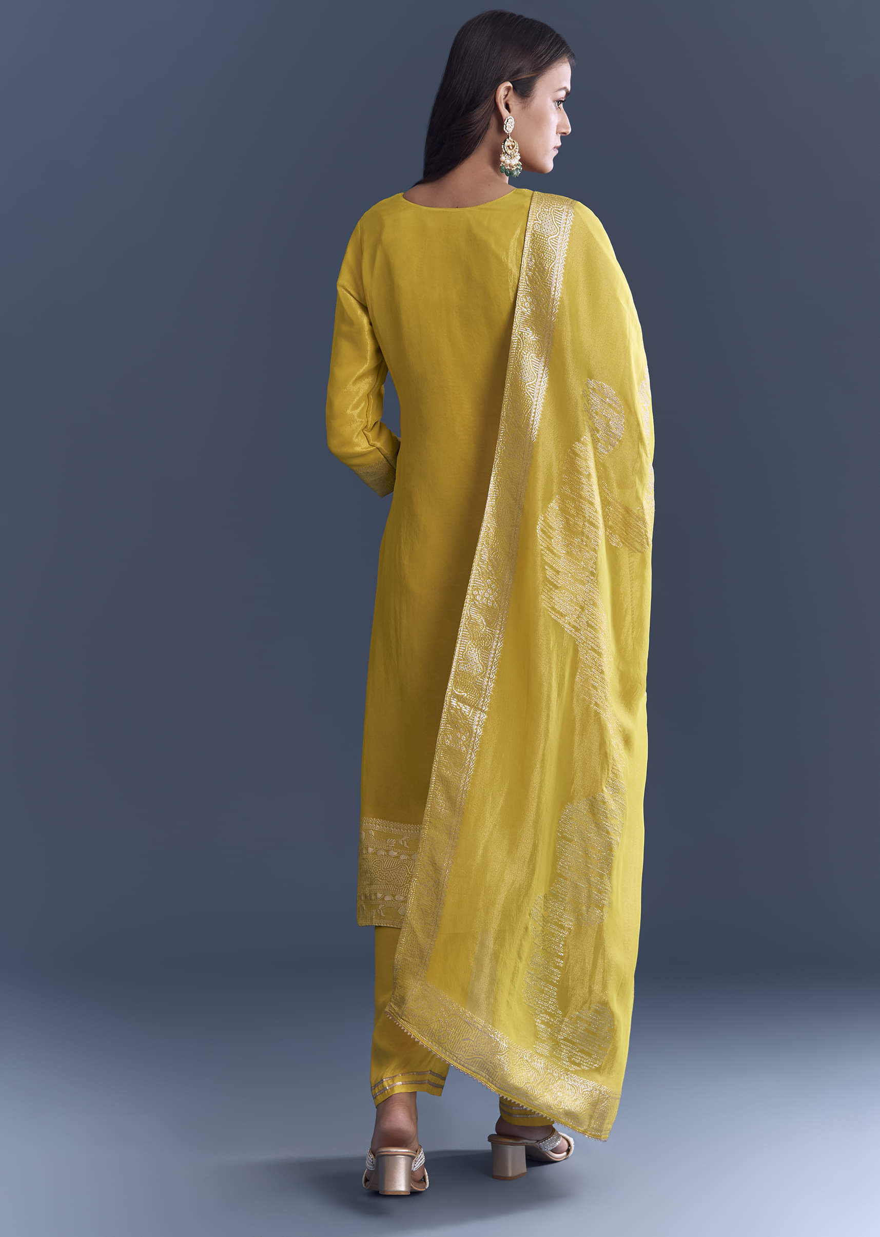 Yellow Tissue Palazzo Suit With Zardosi Embroidery - Image 5
