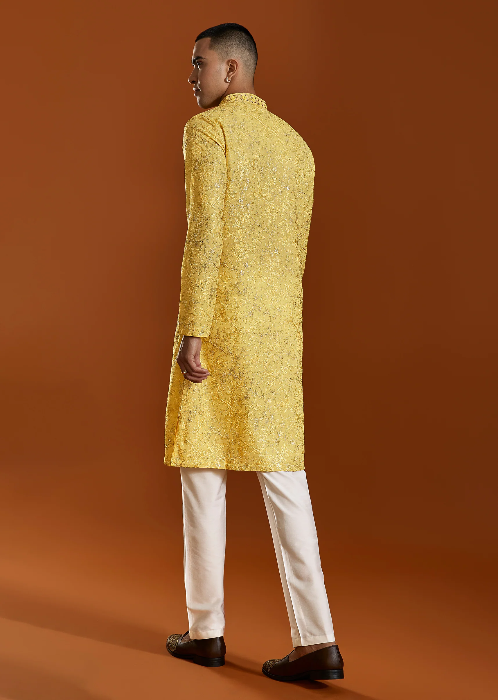 Yellow Tissue Resham Embroidered Kurta Set With Cutdana Beads - Image 5