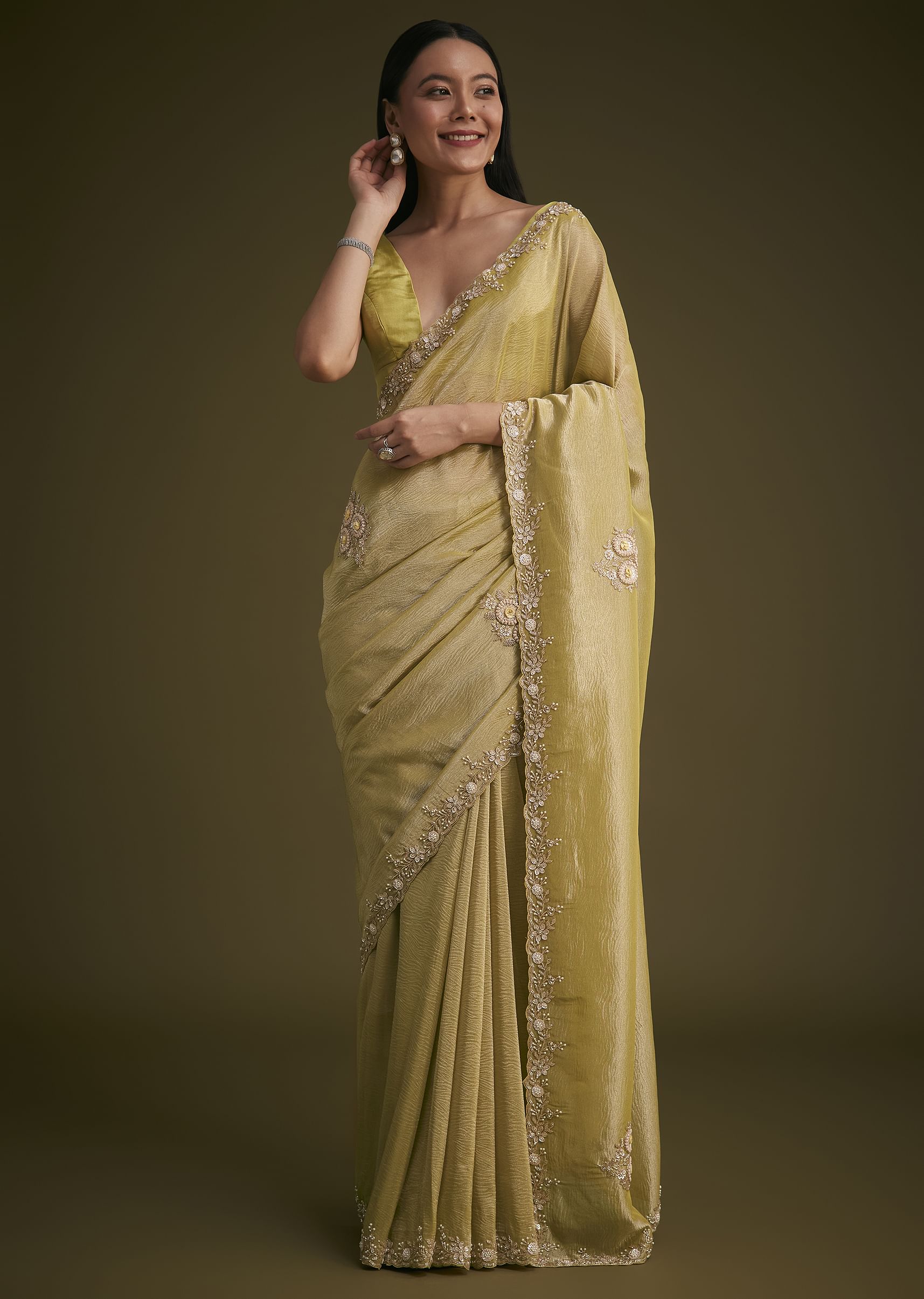 Yellow Tissue Saree With Floral Embroidery - Image 10