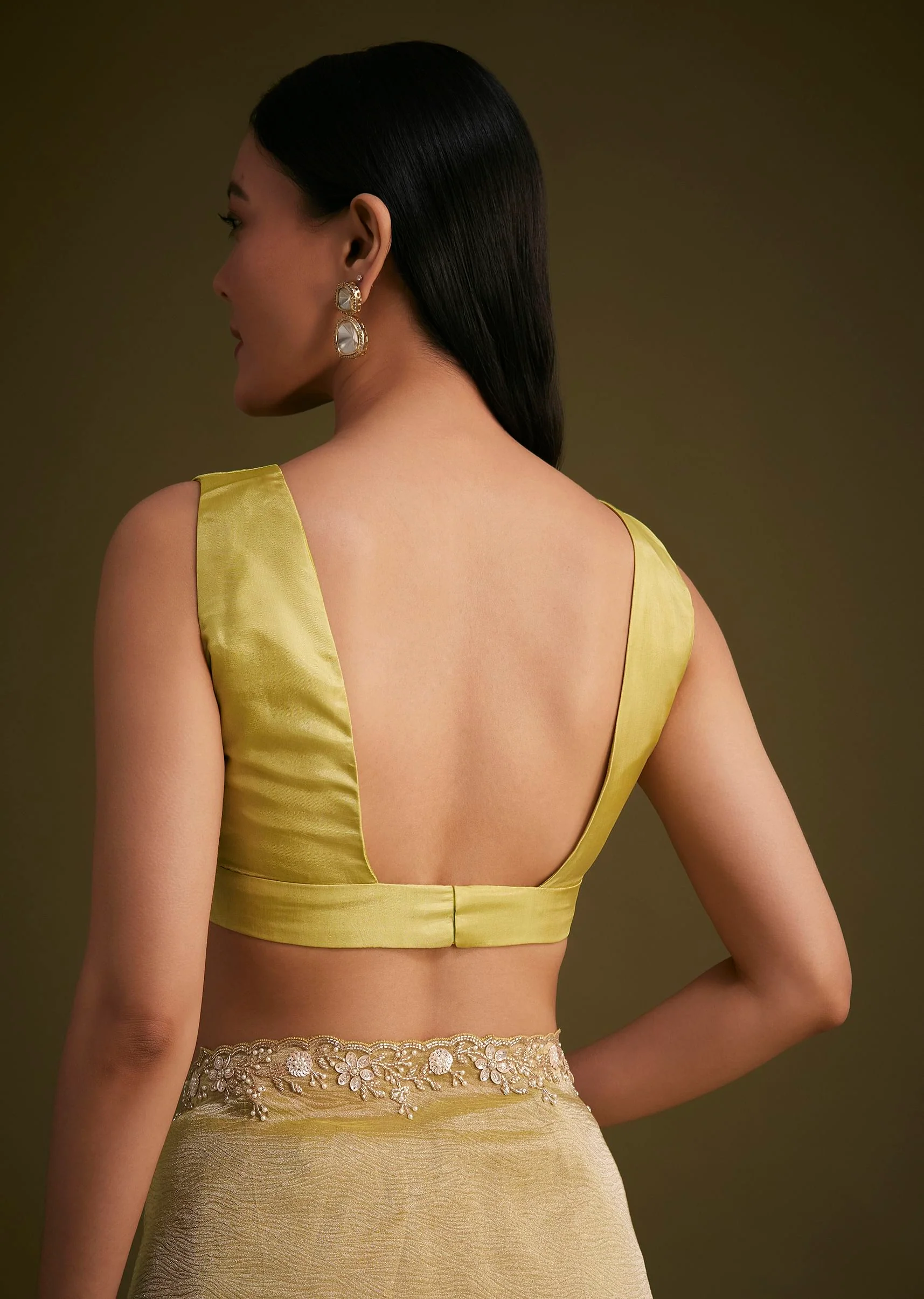 Yellow Tissue Saree With Floral Embroidery - Image 8