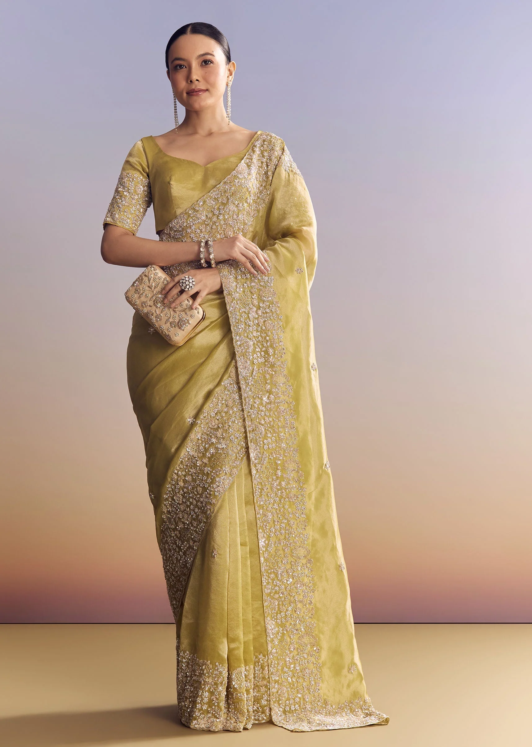 Yellow Tissue Saree With Heavy Floral Embroidered Border - Image 2