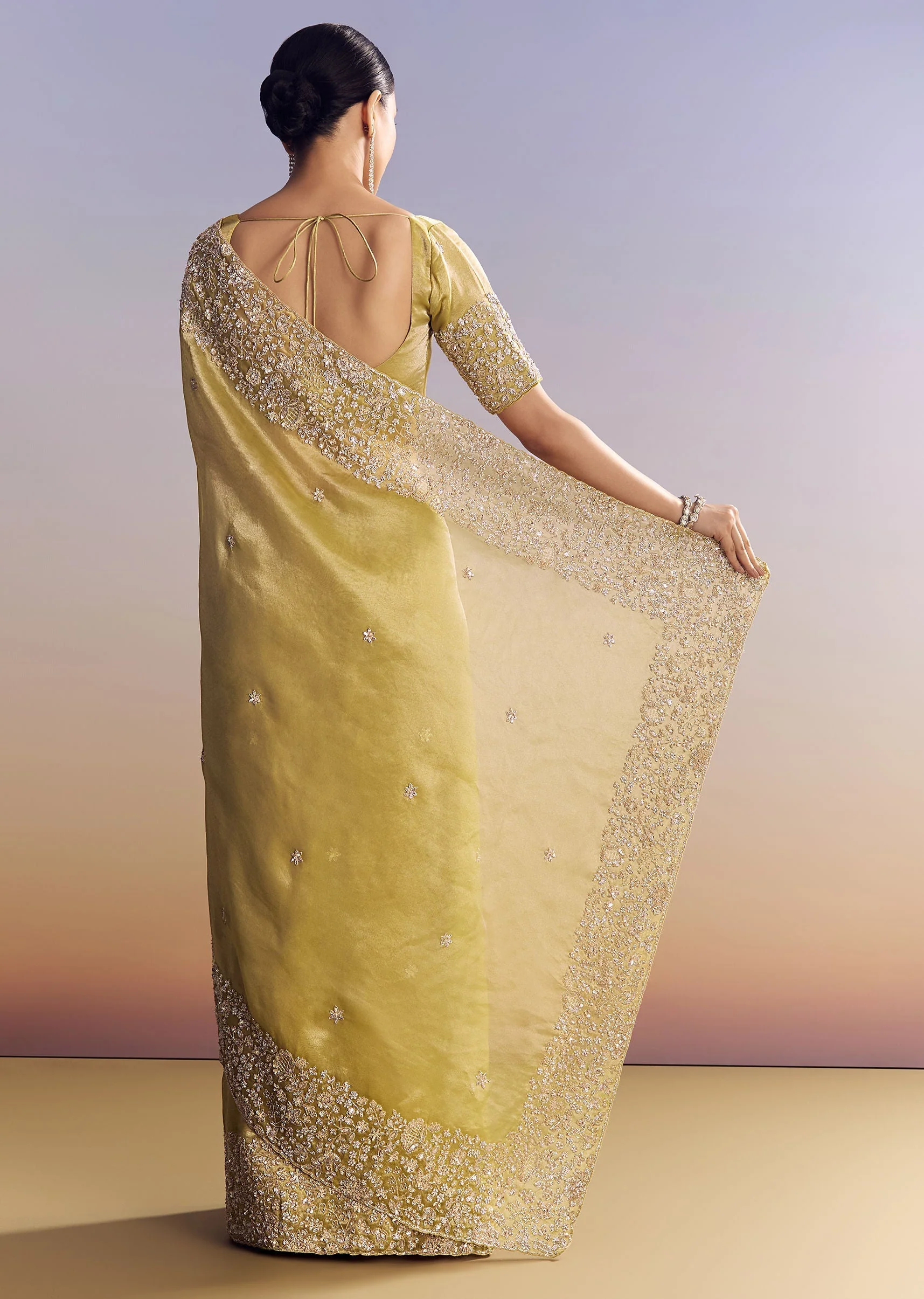Yellow Tissue Saree With Heavy Floral Embroidered Border - Image 4