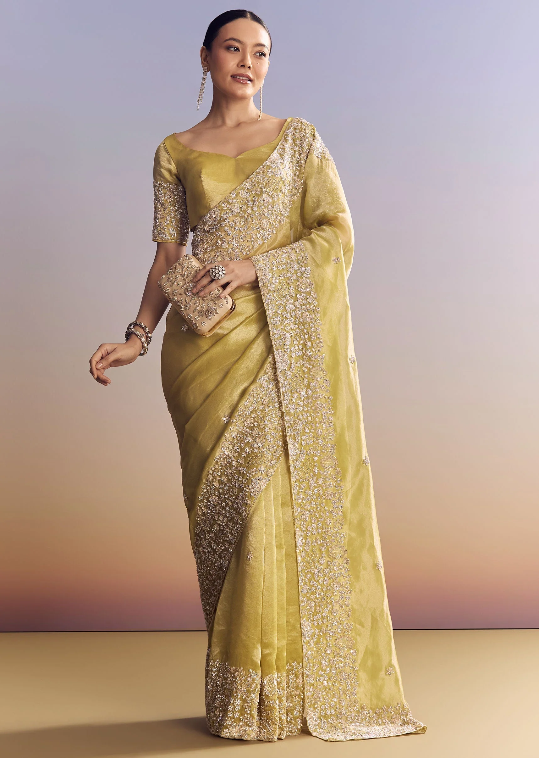 Yellow Tissue Saree With Heavy Floral Embroidered Border - Image 5
