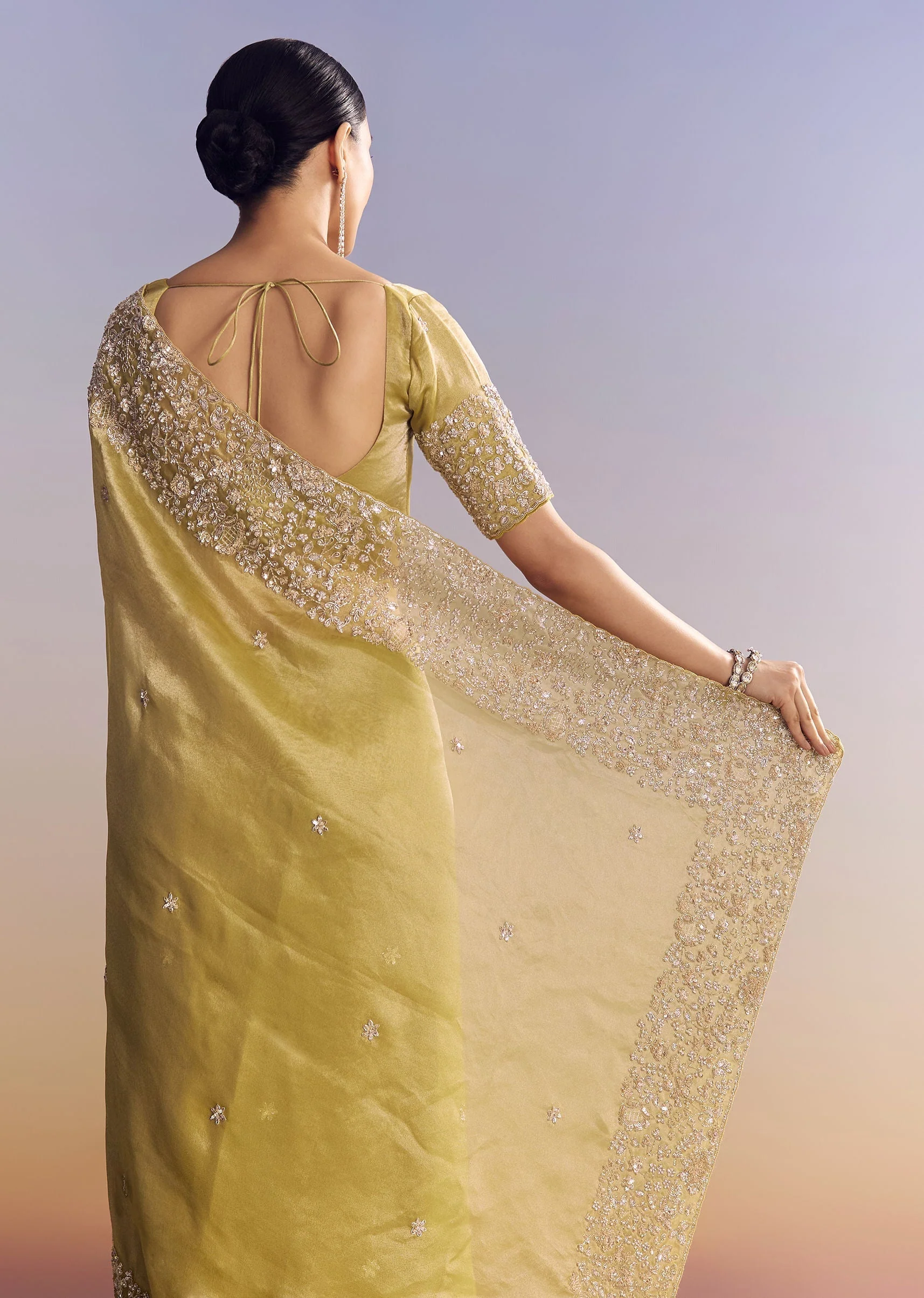 Yellow Tissue Saree With Heavy Floral Embroidered Border - Image 6
