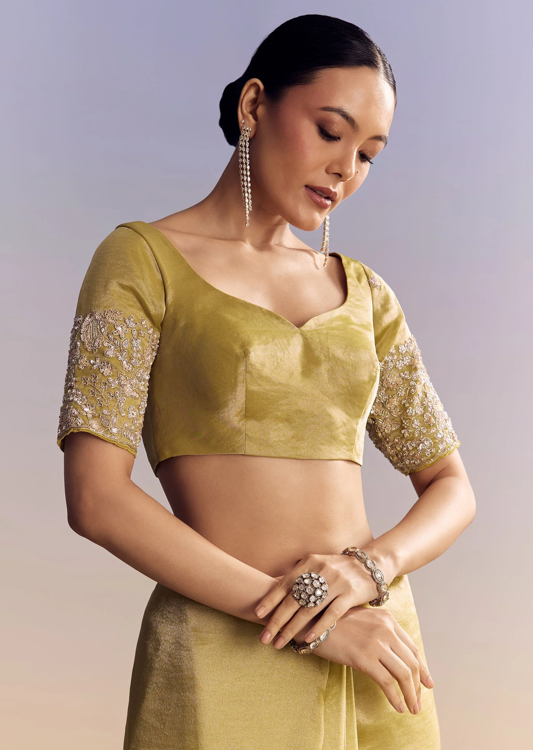 Yellow Tissue Saree With Heavy Floral Embroidered Border - Image 7