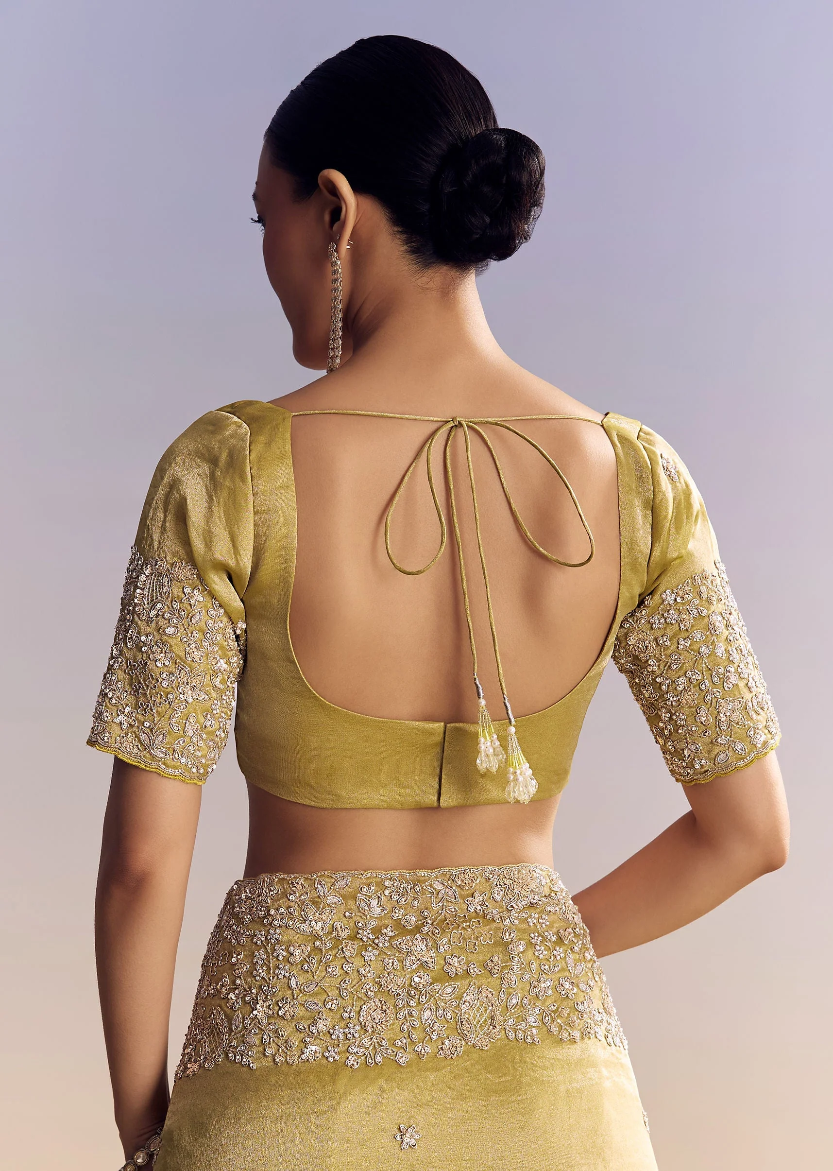 Yellow Tissue Saree With Heavy Floral Embroidered Border - Image 8