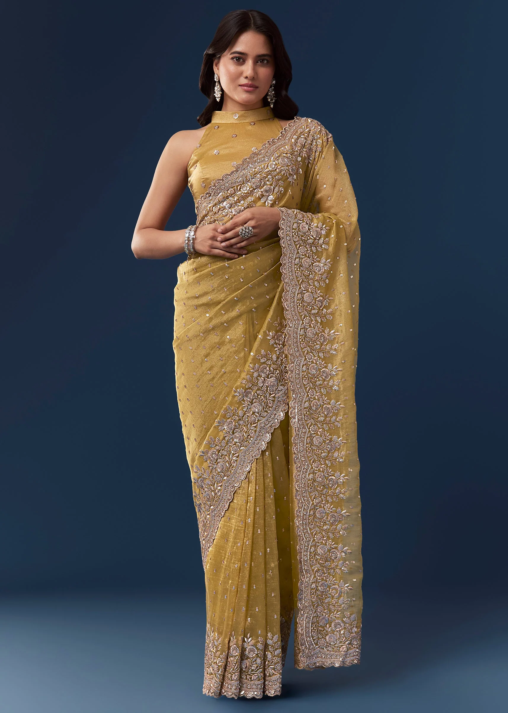 Yellow Tissue Saree With Scallop Heavy Embroidered Border And Sequin Work
