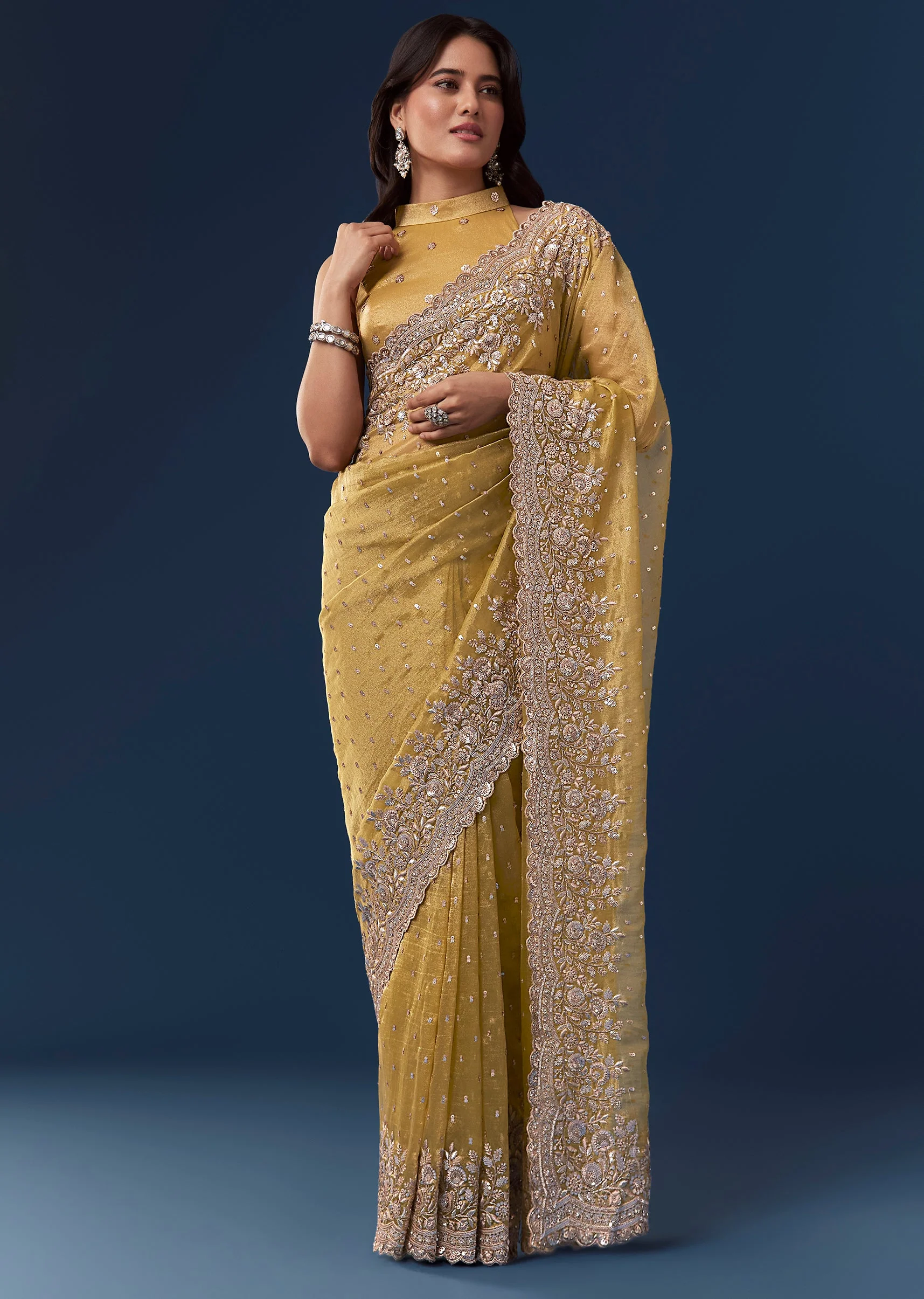 Yellow Tissue Saree With Scallop Heavy Embroidered Border And Sequin Work - Image 3