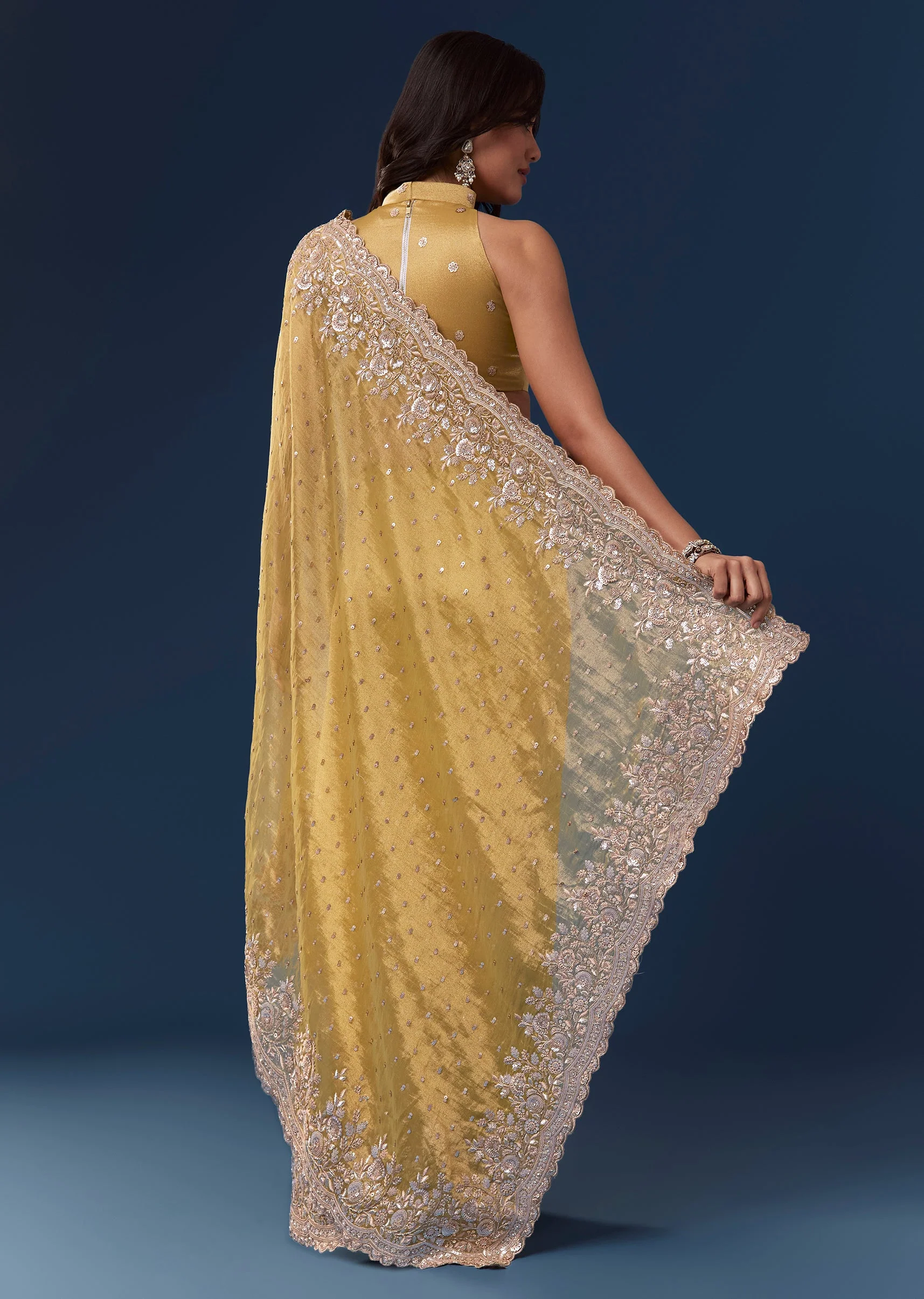 Yellow Tissue Saree With Scallop Heavy Embroidered Border And Sequin Work - Image 4