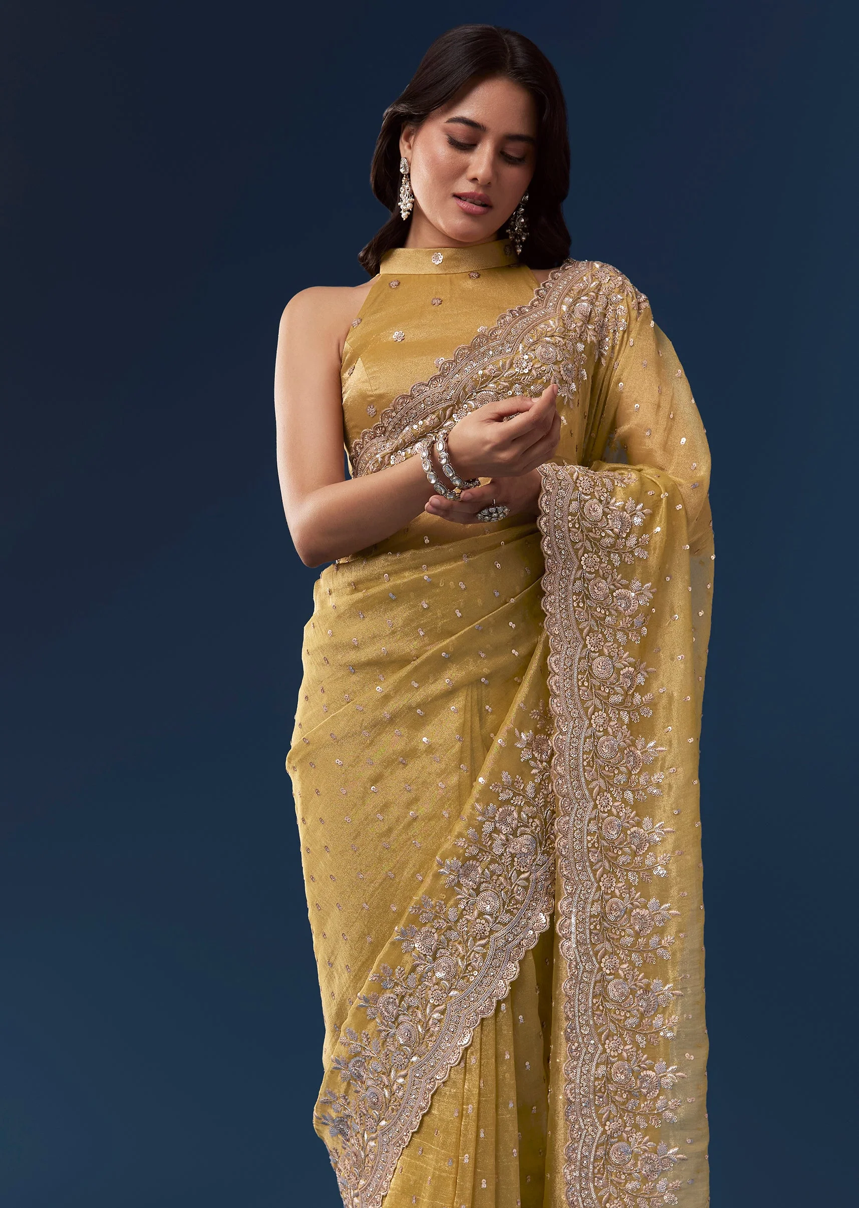 Yellow Tissue Saree With Scallop Heavy Embroidered Border And Sequin Work - Image 5