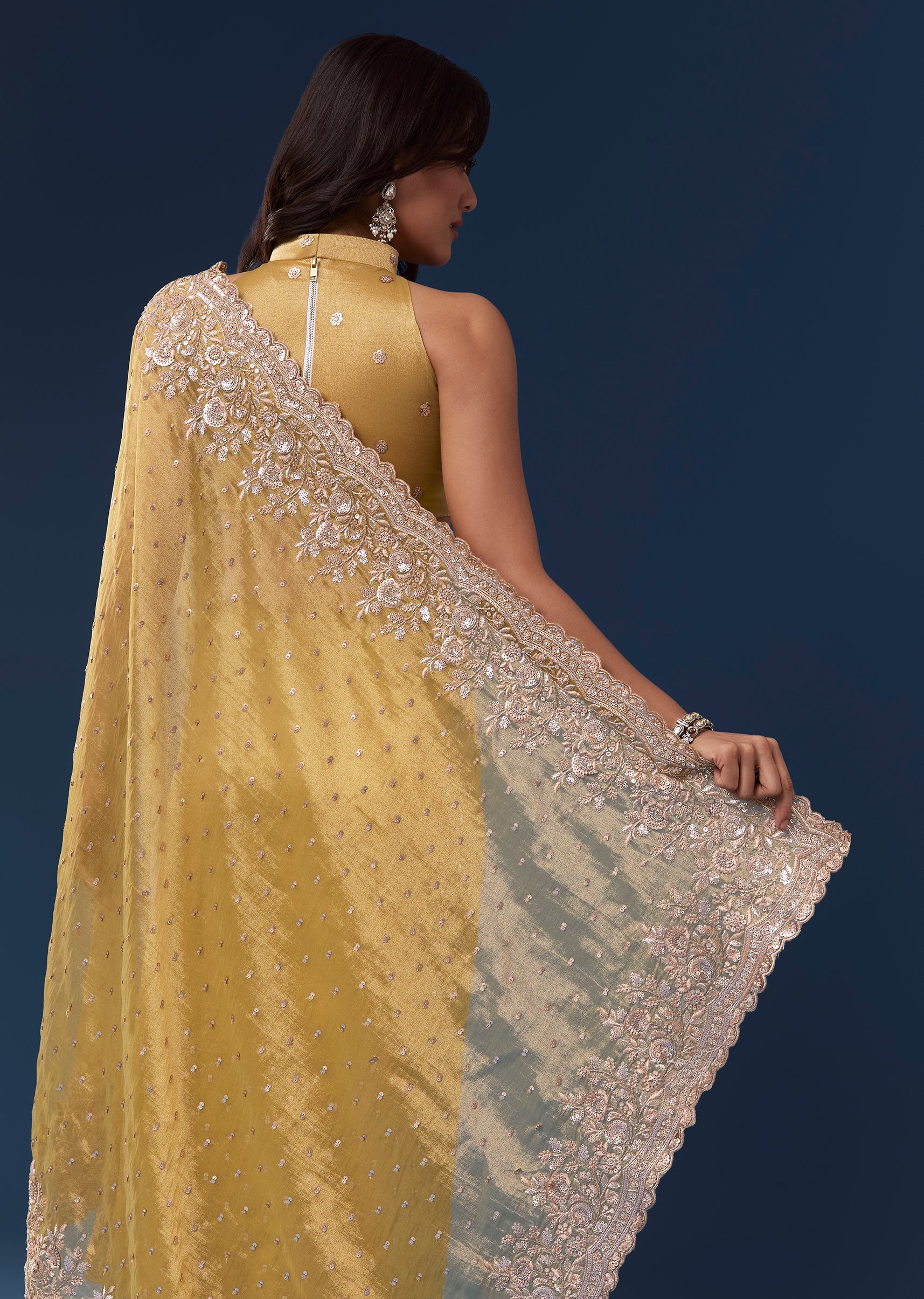 Yellow Tissue Saree With Scallop Heavy Embroidered Border And Sequin Work - Image 6