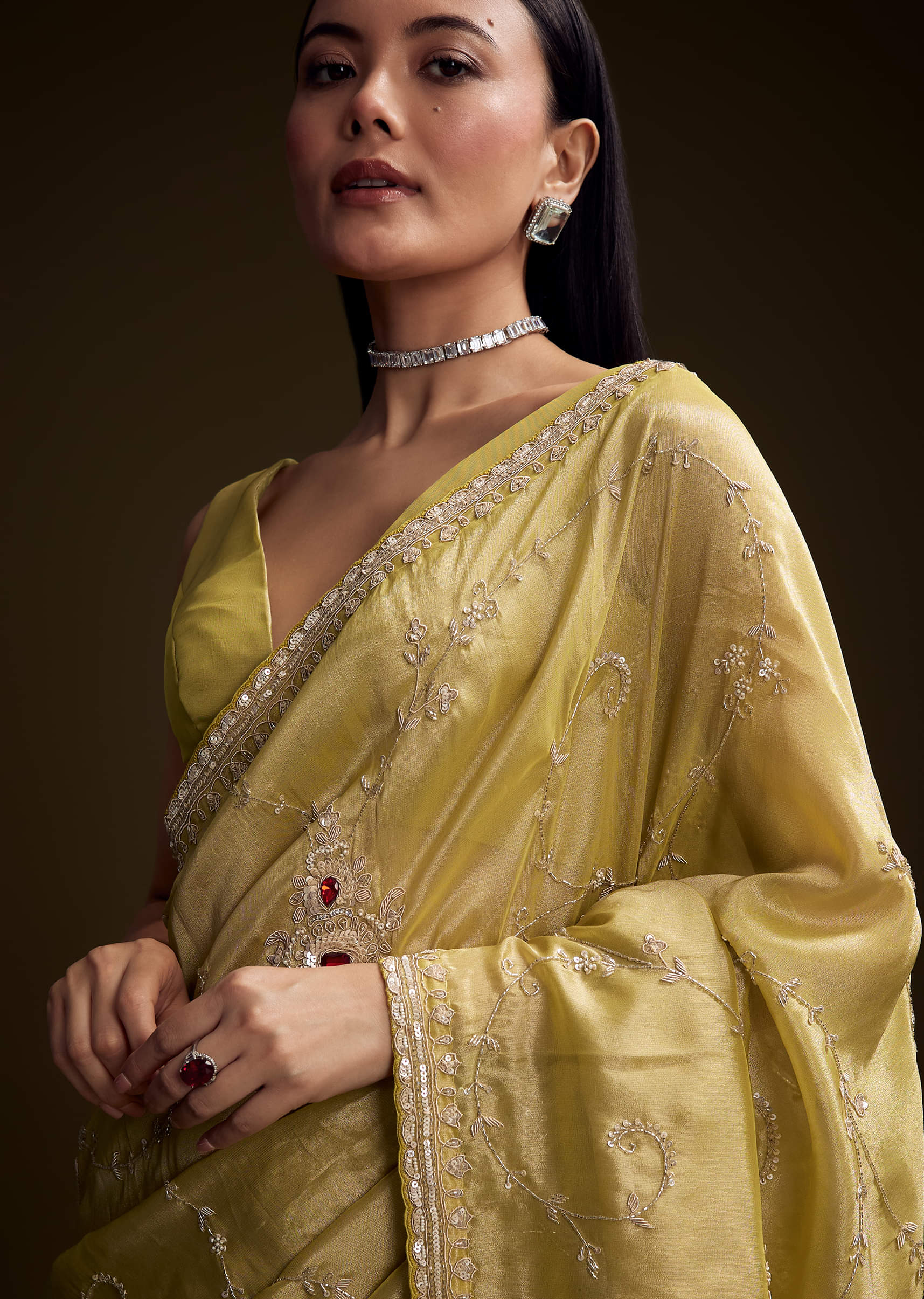 Yellow Tissue Saree With Zardosi And Red Stone Embroidery - Image 2