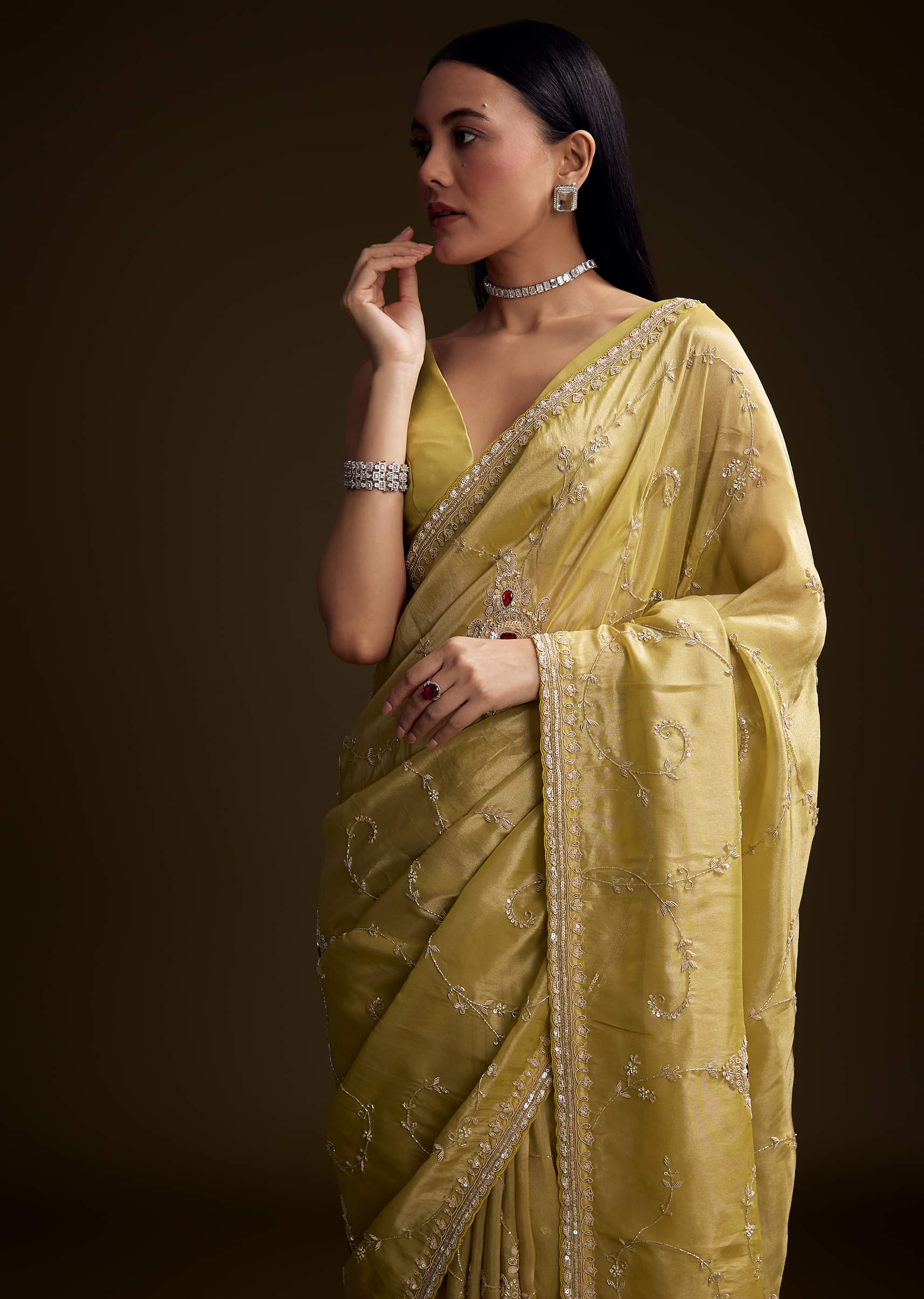 Yellow Tissue Saree With Zardosi And Red Stone Embroidery - Image 4