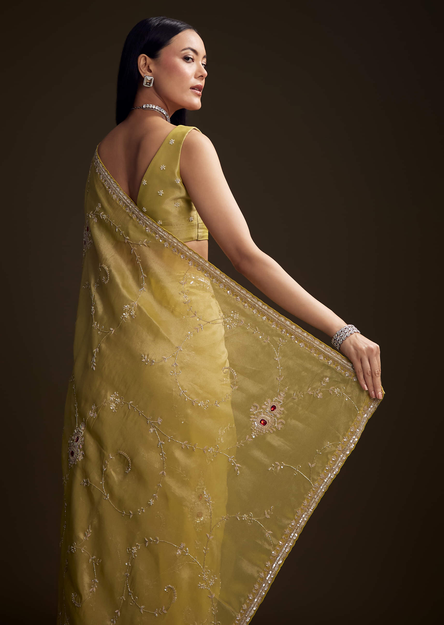 Yellow Tissue Saree With Zardosi And Red Stone Embroidery - Image 5