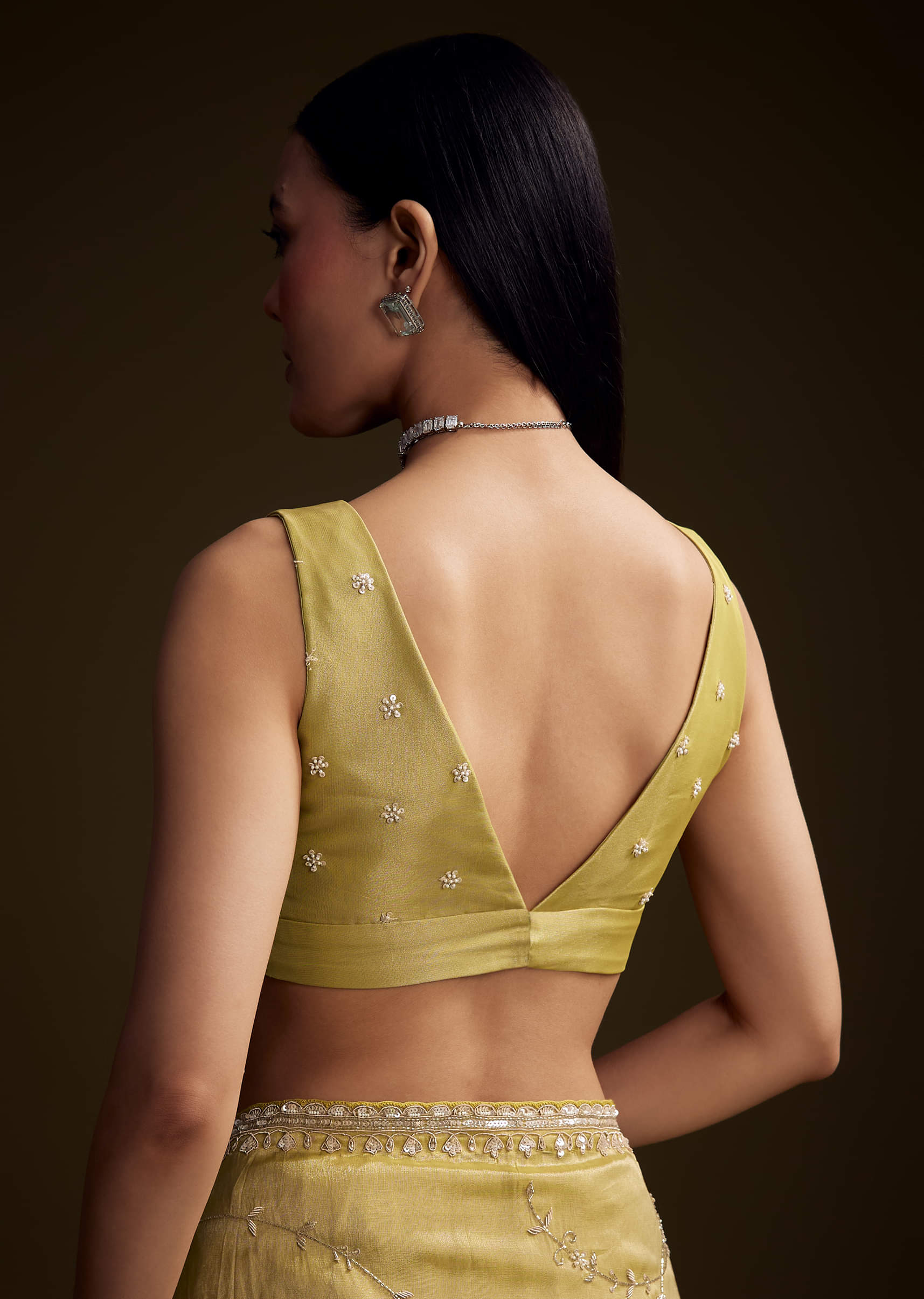 Yellow Tissue Saree With Zardosi And Red Stone Embroidery - Image 7