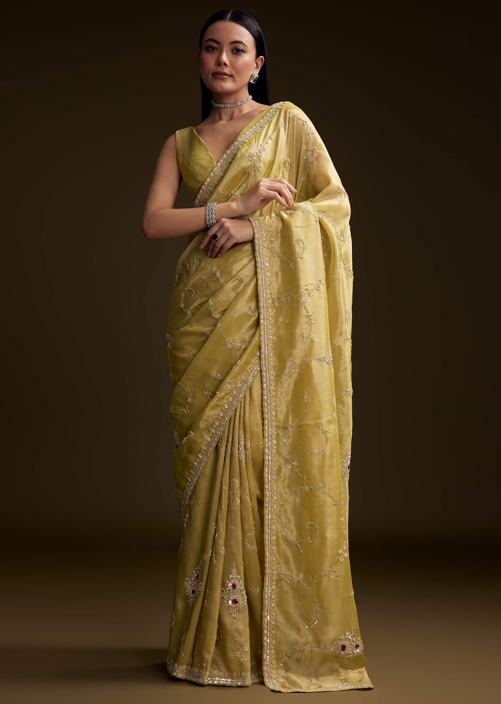 Yellow Tissue Saree With Zardosi And Red Stone Embroidery - Image 9