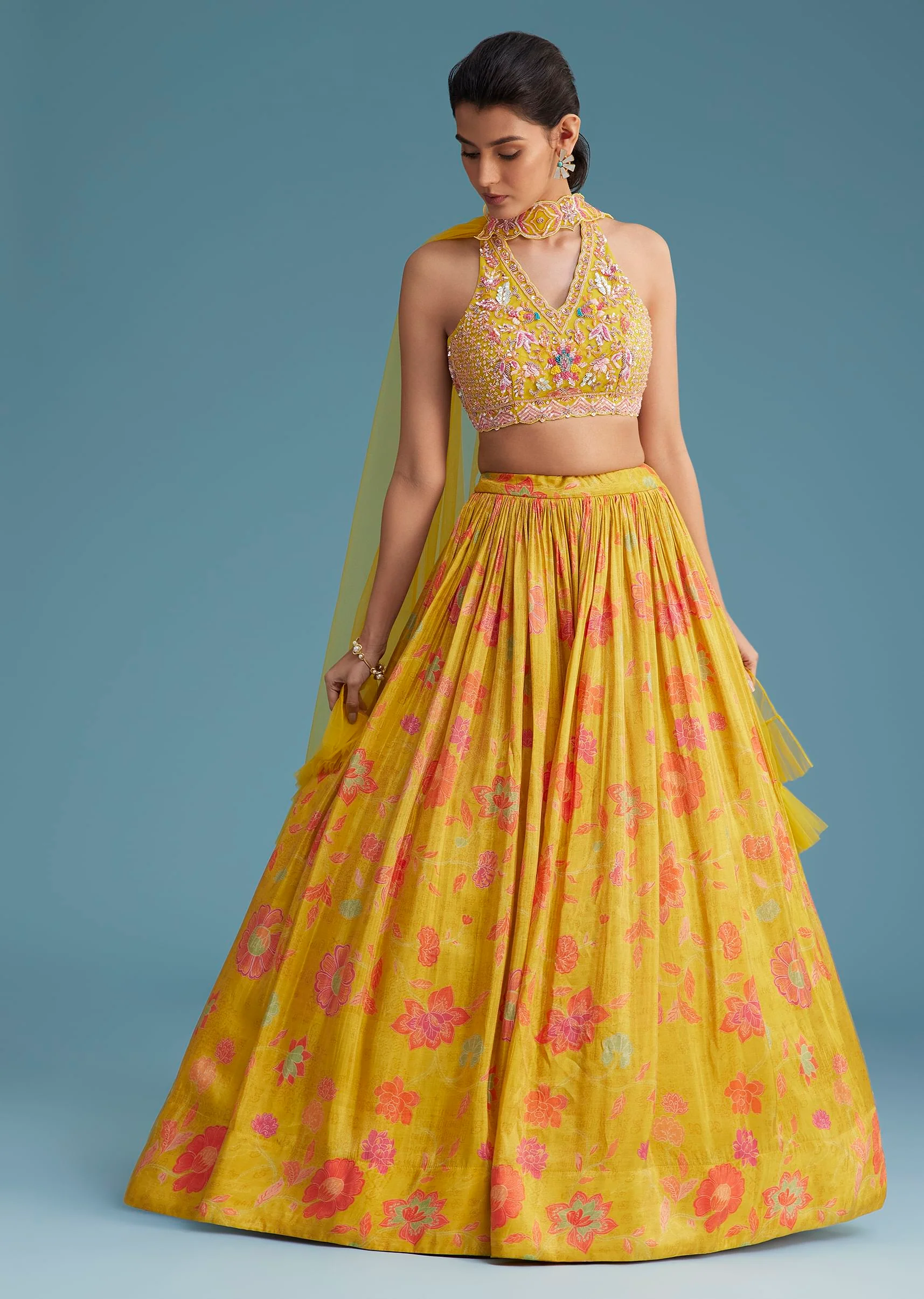 Yellow Tissue Silk Lehenga Set With Floral Print And Embroidery - Image 3