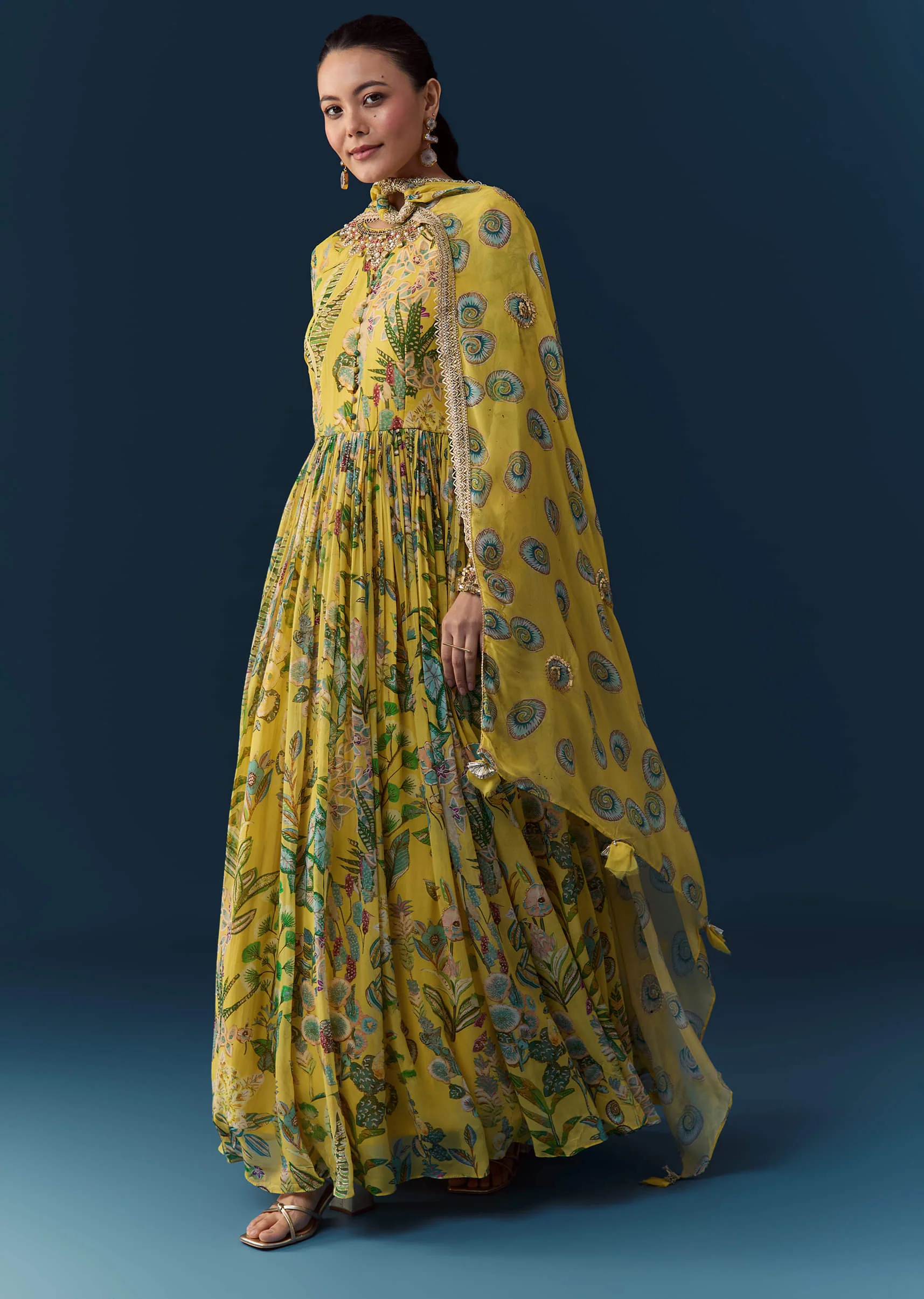 Yellow Tropical Print Georgette Anarkali with Moti Work - Image 3